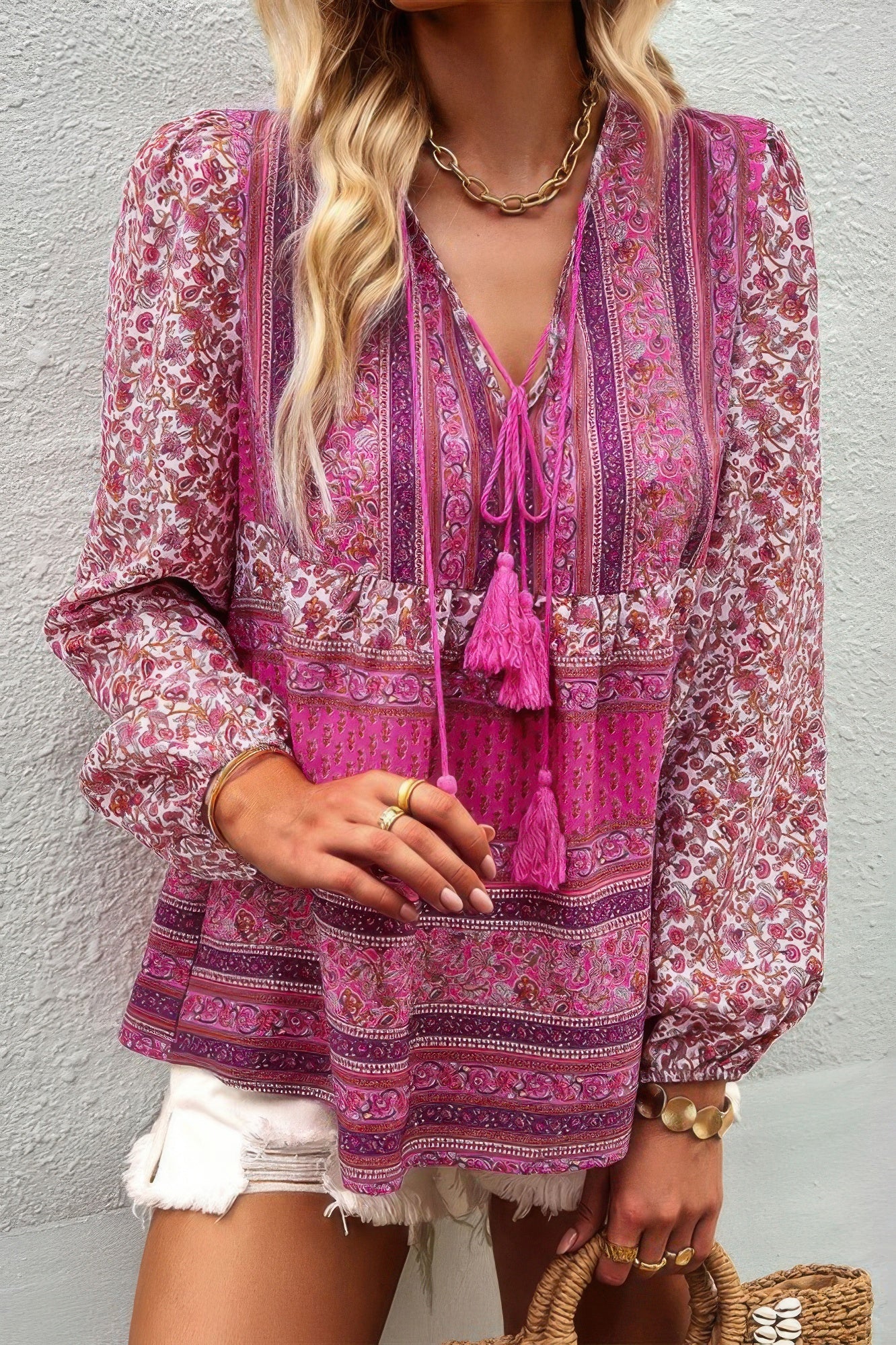 Tie Neck Boho Floral Tunics Long Sleeve Shirt product image