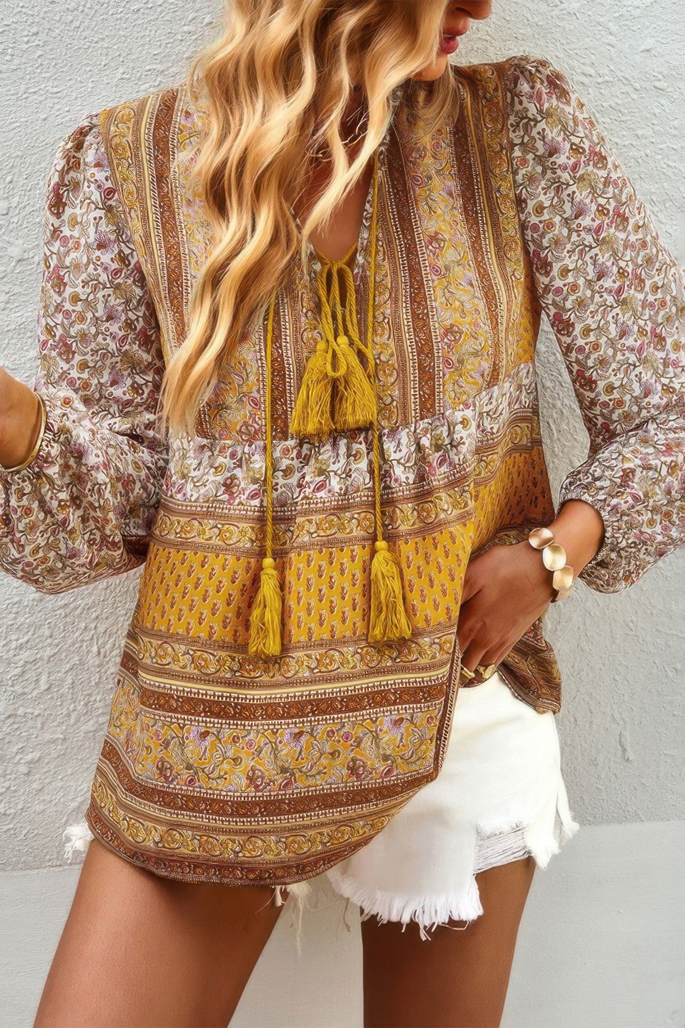 Tie Neck Boho Floral Tunics Long Sleeve Shirt product image