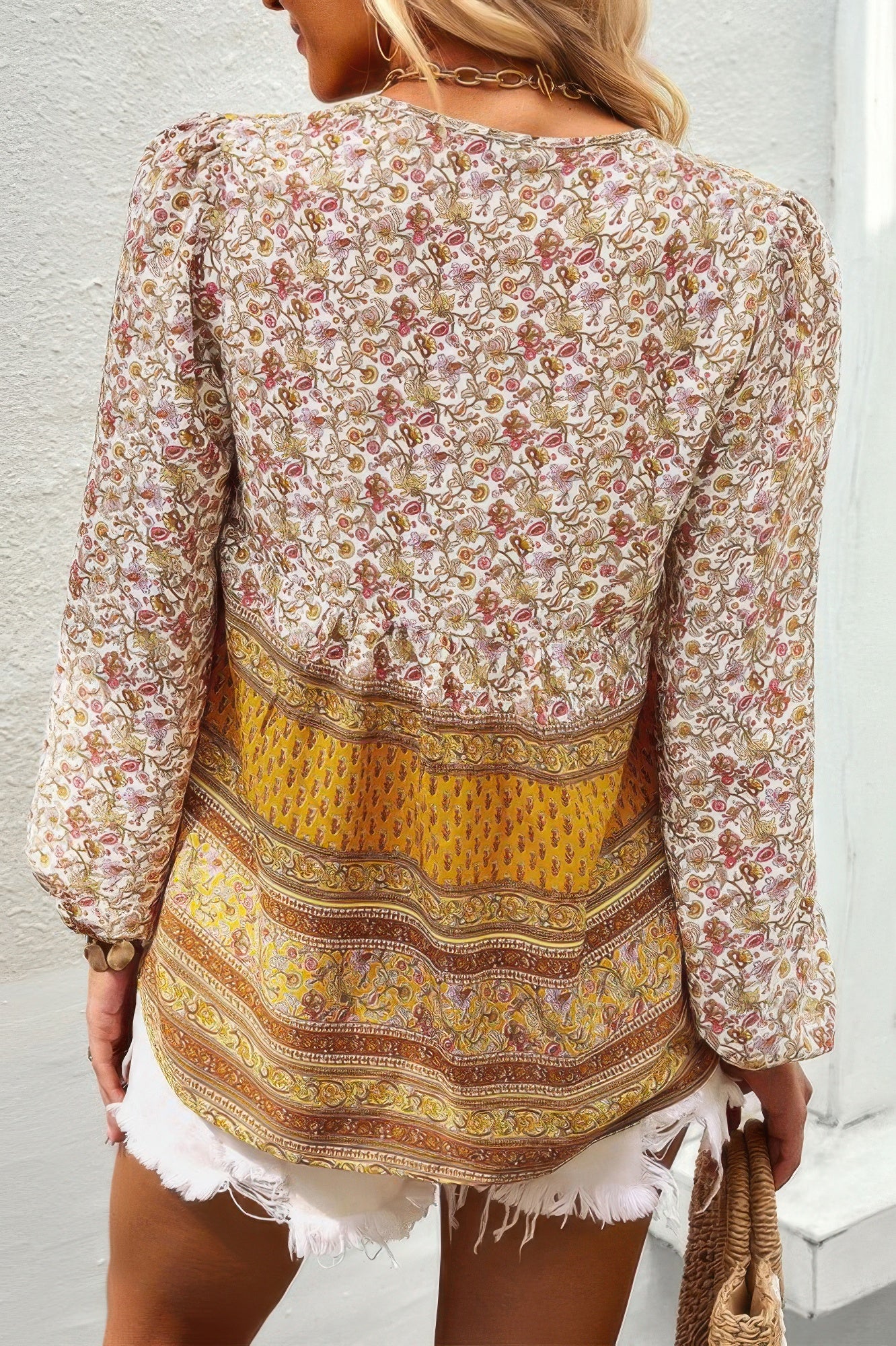 Tie Neck Boho Floral Tunics Long Sleeve Shirt product image