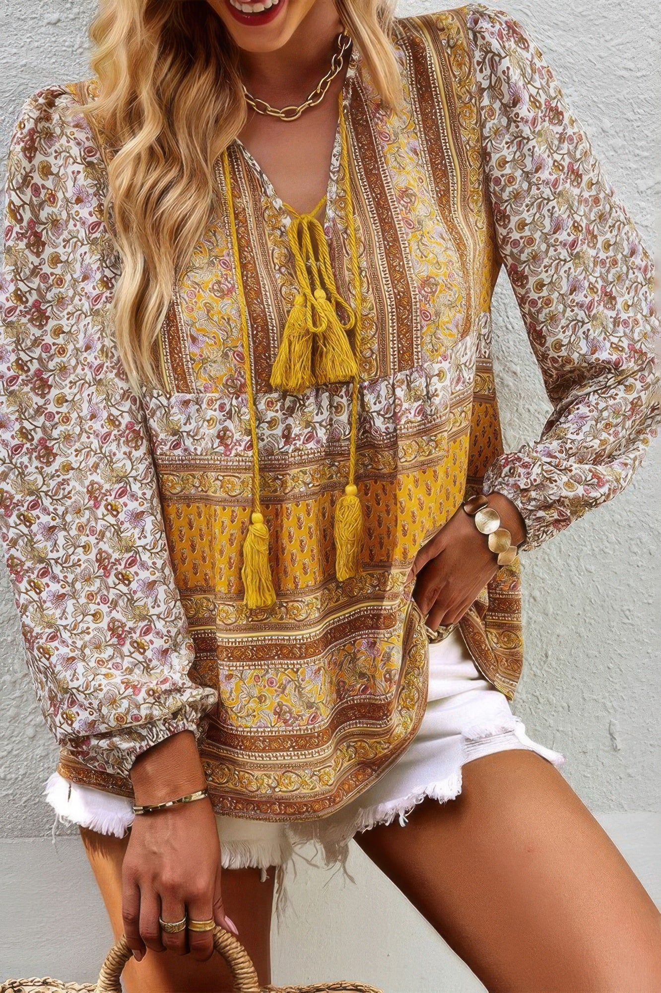 Tie Neck Boho Floral Tunics Long Sleeve Shirt product image