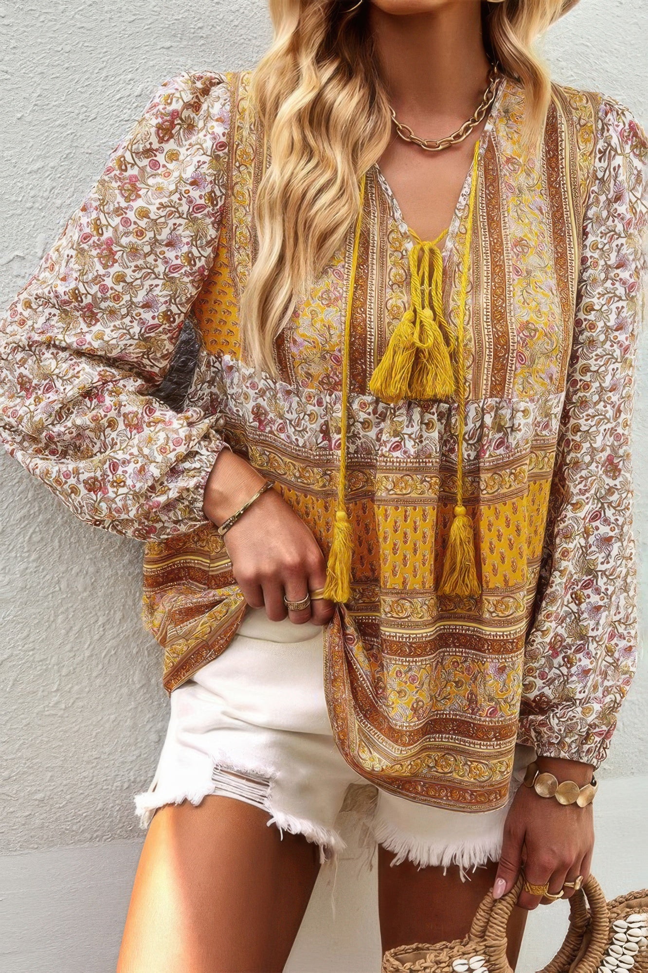 Tie Neck Boho Floral Tunics Long Sleeve Shirt product image