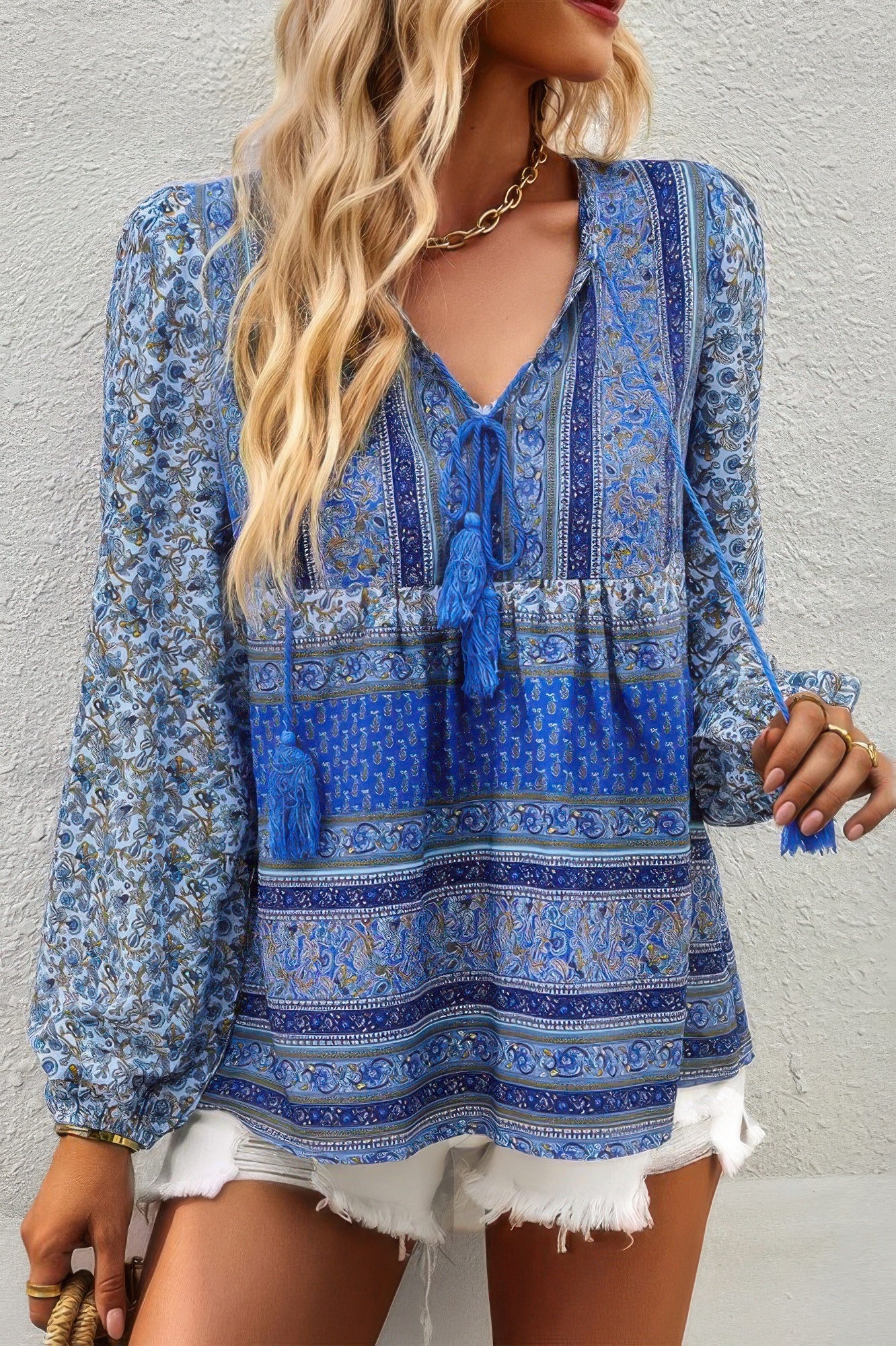 Tie Neck Boho Floral Tunics Long Sleeve Shirt product image
