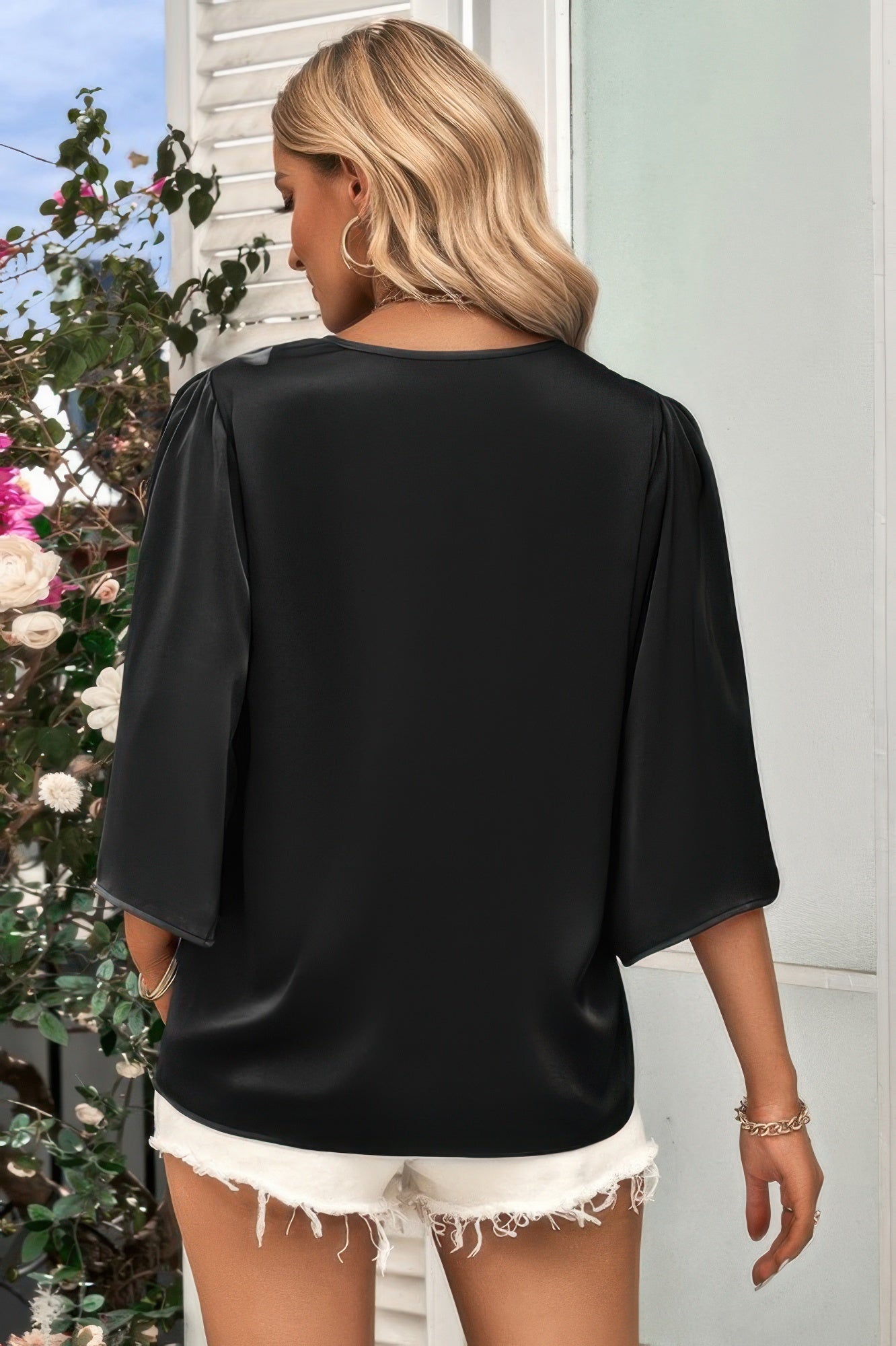 Solid V Neck Satin High Low Hem Blouse product image