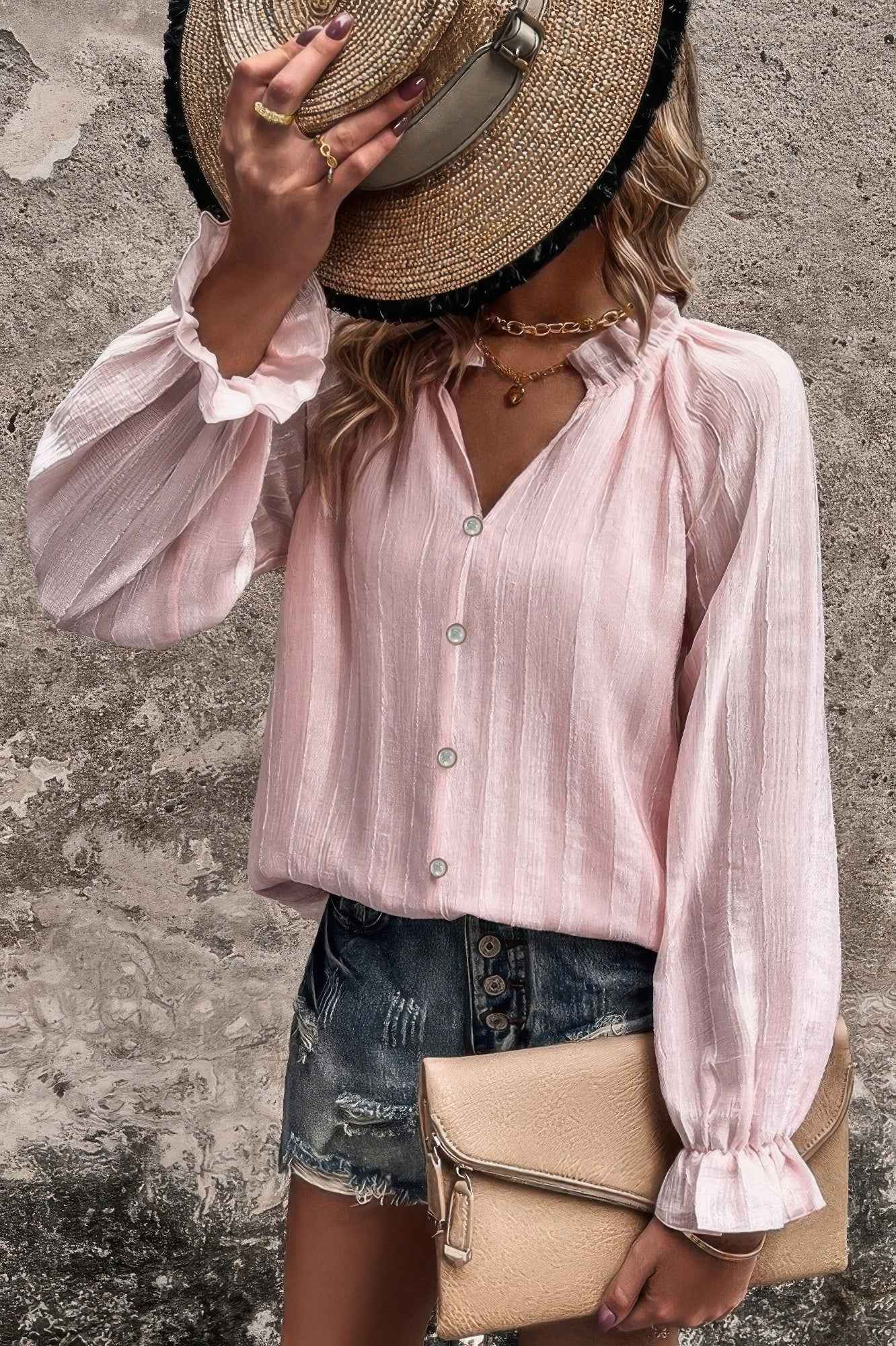 Lapel V Neck Button Down Solid Long Sleeves Shirt Lapel V Neck Button Down Solid Long Sleeves Shirt