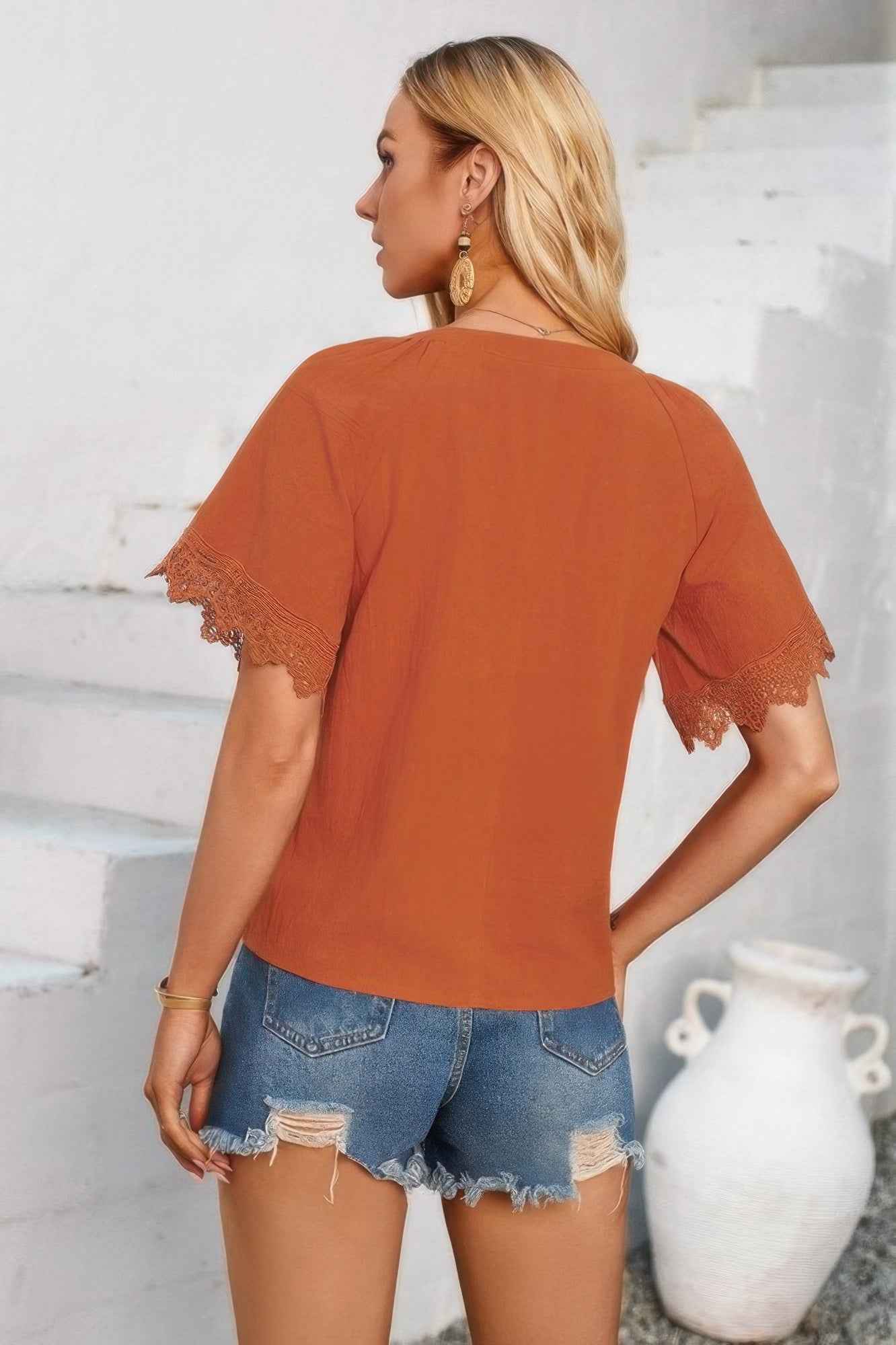 Solid V Neck Lace Hem Butterfly Sleeve Blouse Solid V Neck Lace Hem Butterfly Sleeve Blouse