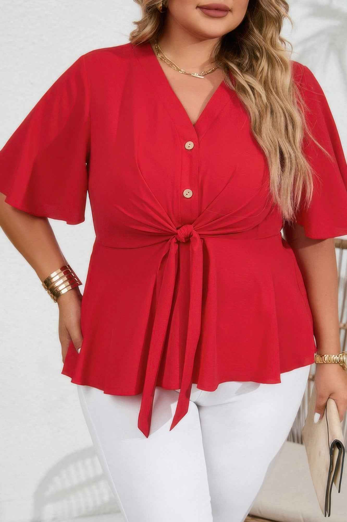 Plus Solid Butterfly Sleeve Knot Front Peplum Shirt Plus Solid Butterfly Sleeve Knot Front Peplum Shirt