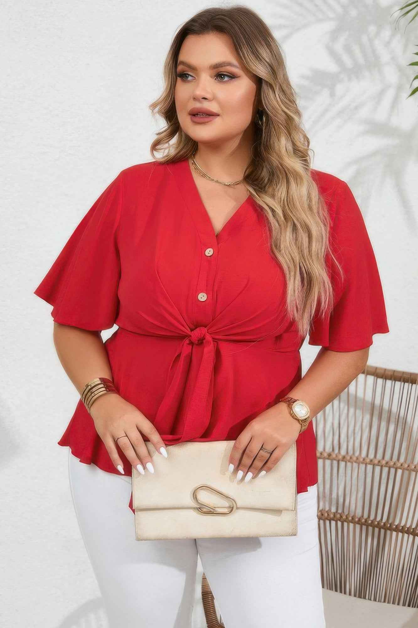 Plus Solid Butterfly Sleeve Knot Front Peplum Shirt Plus Solid Butterfly Sleeve Knot Front Peplum Shirt