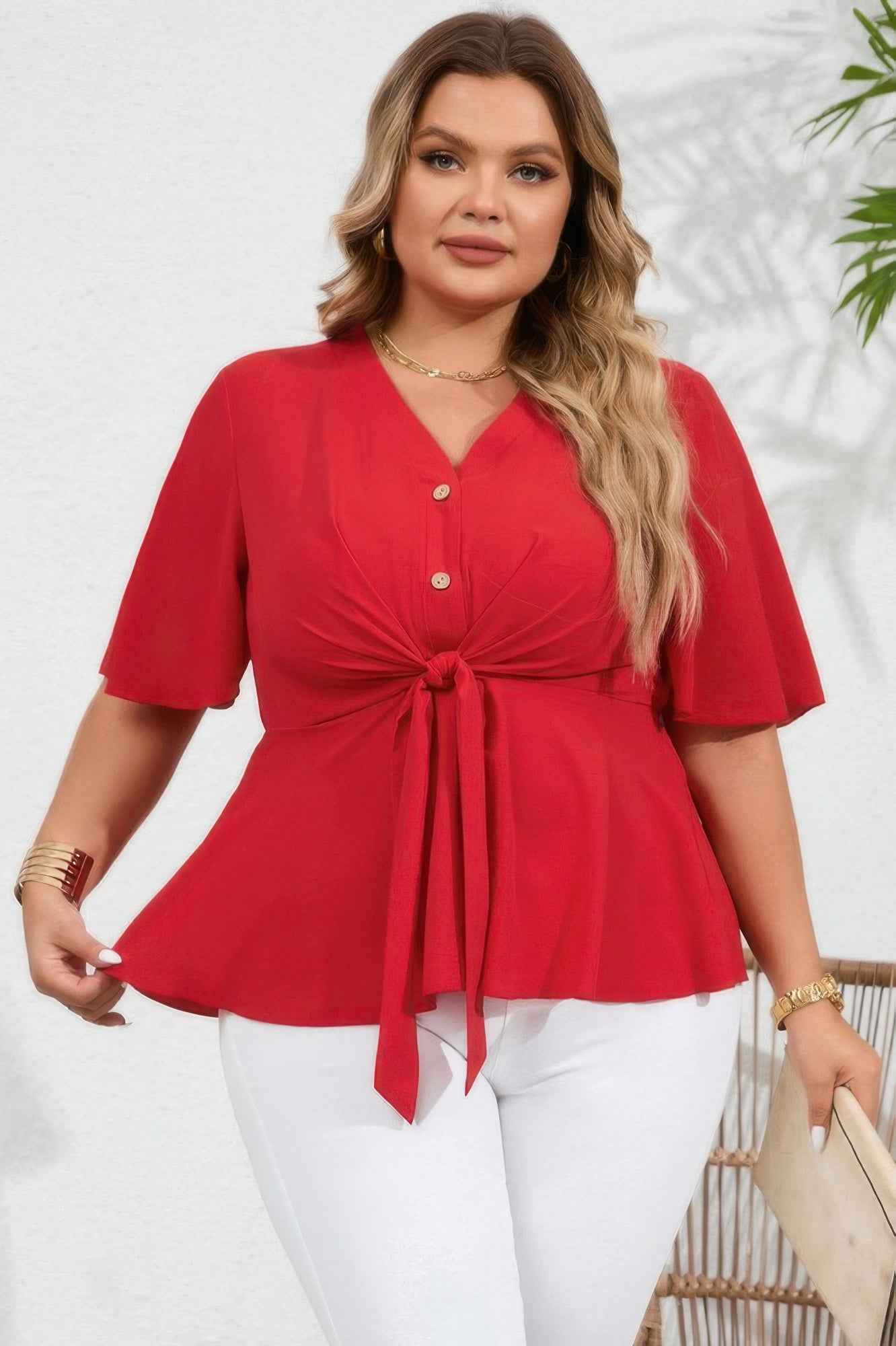 Plus Solid Butterfly Sleeve Knot Front Peplum Shirt Plus Solid Butterfly Sleeve Knot Front Peplum Shirt