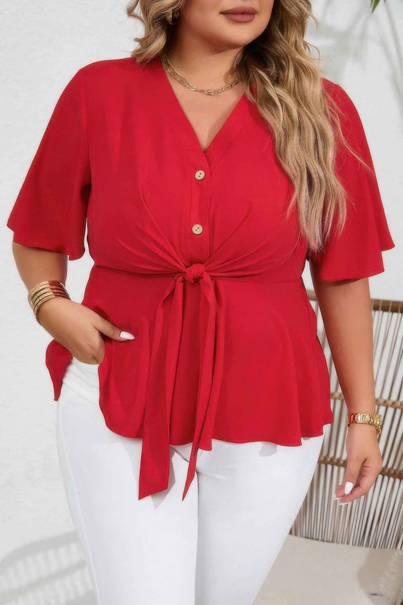 Plus Solid Butterfly Sleeve Knot Front Peplum Shirt Plus Solid Butterfly Sleeve Knot Front Peplum Shirt