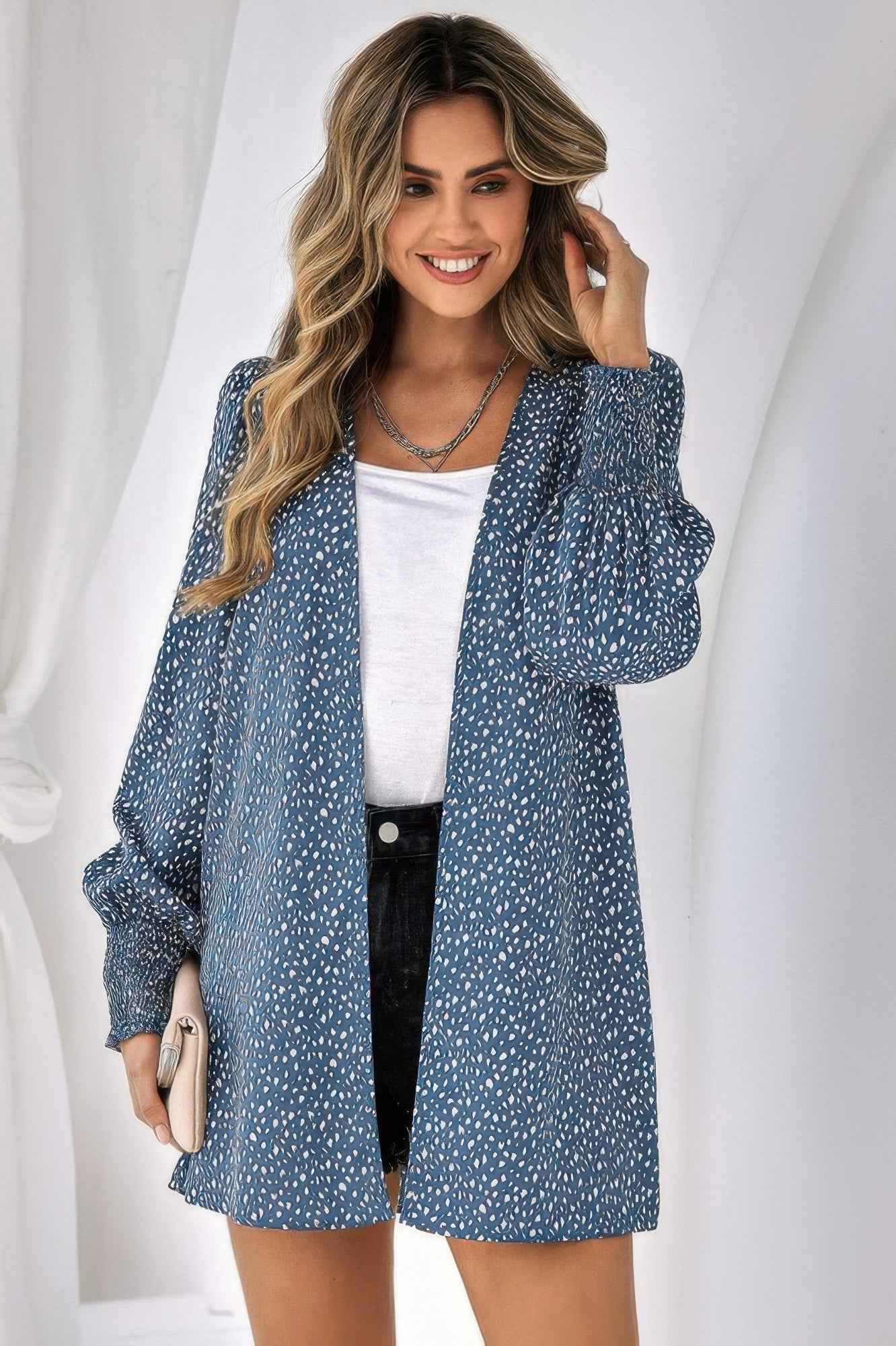 Allover Print Shirred Cuff Lantern Sleeve Kimono Allover Print Shirred Cuff Lantern Sleeve Kimono