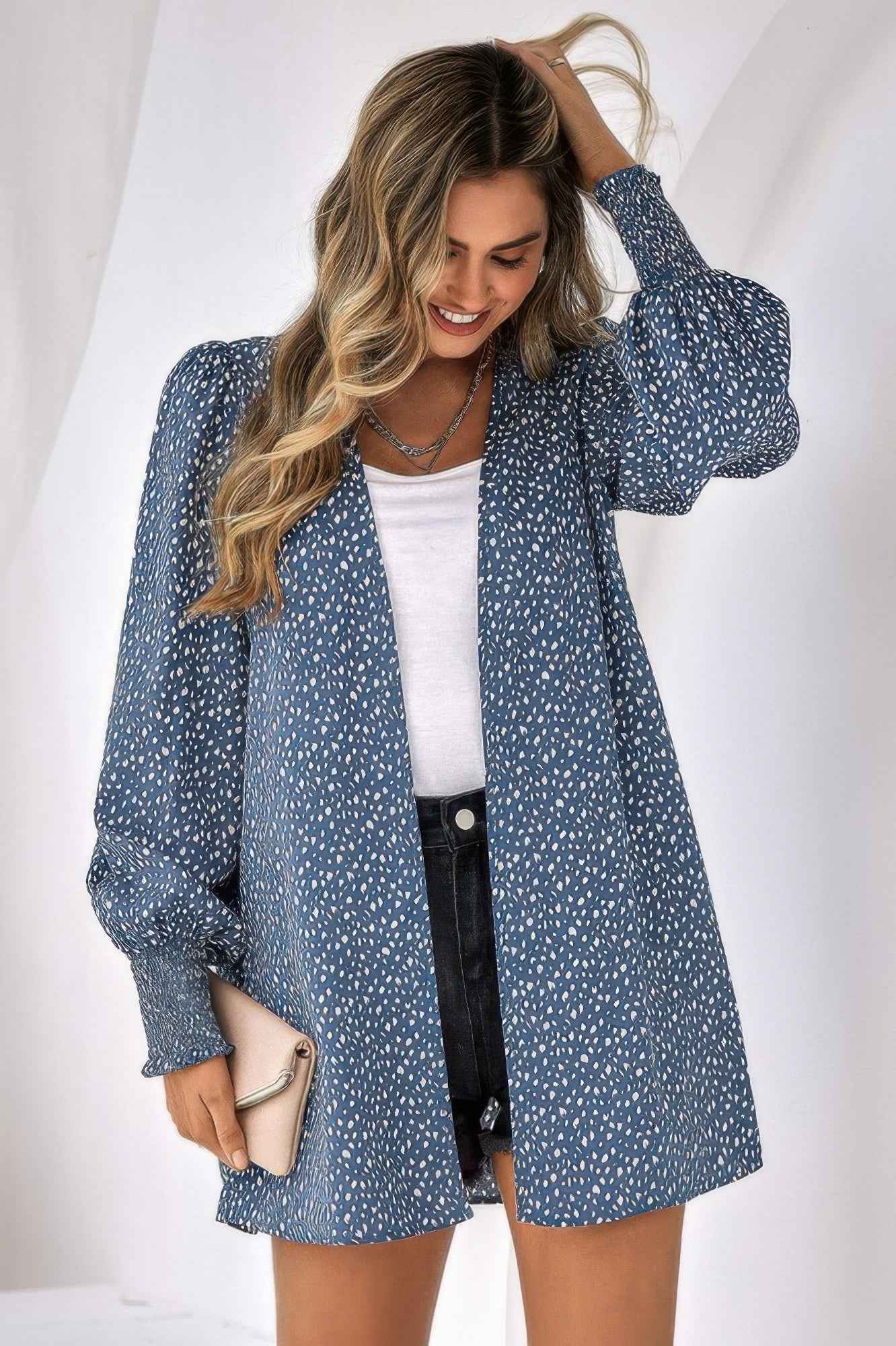 Allover Print Shirred Cuff Lantern Sleeve Kimono Allover Print Shirred Cuff Lantern Sleeve Kimono