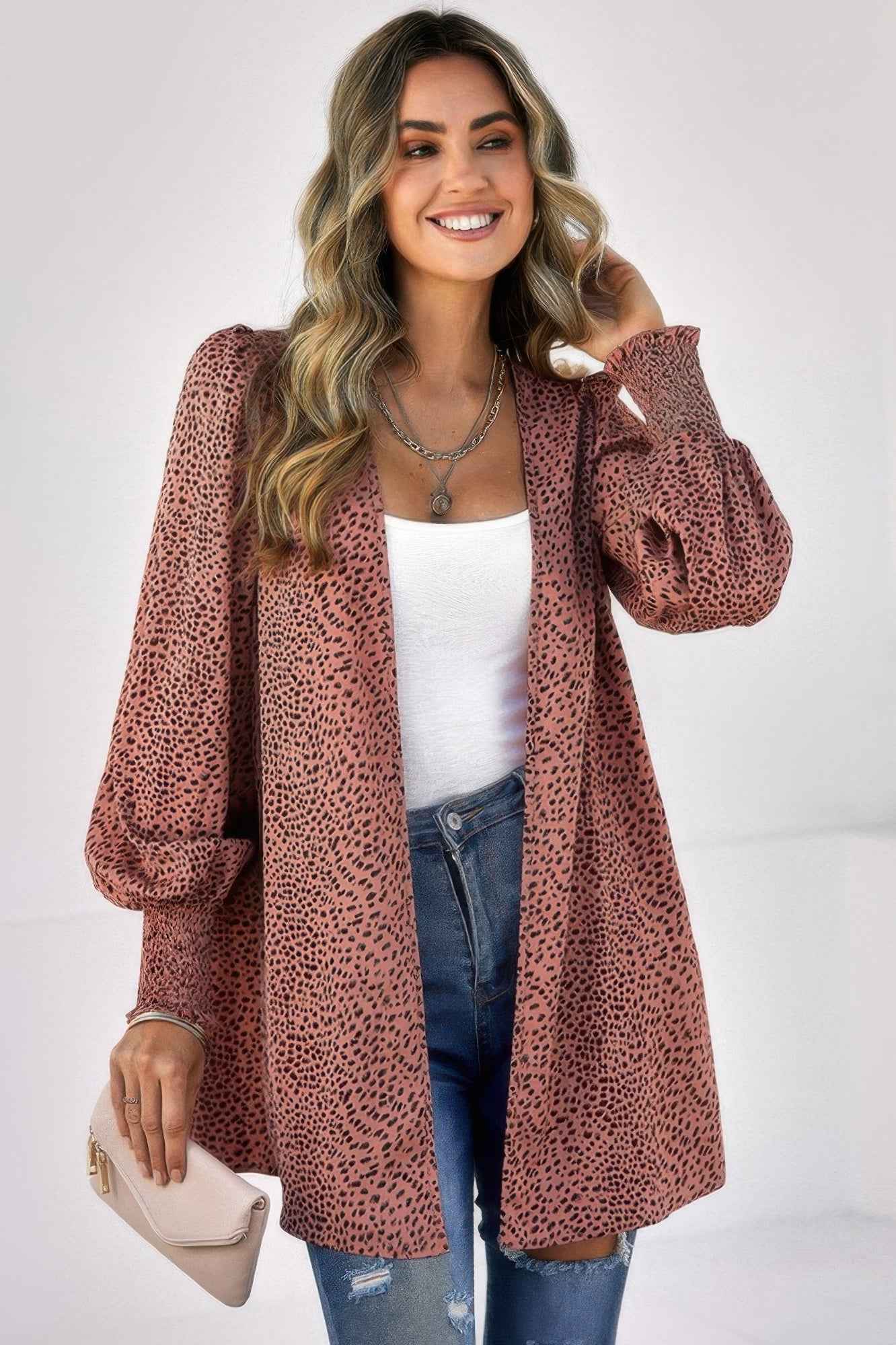 Allover Print Shirred Cuff Lantern Sleeve Kimono Allover Print Shirred Cuff Lantern Sleeve Kimono