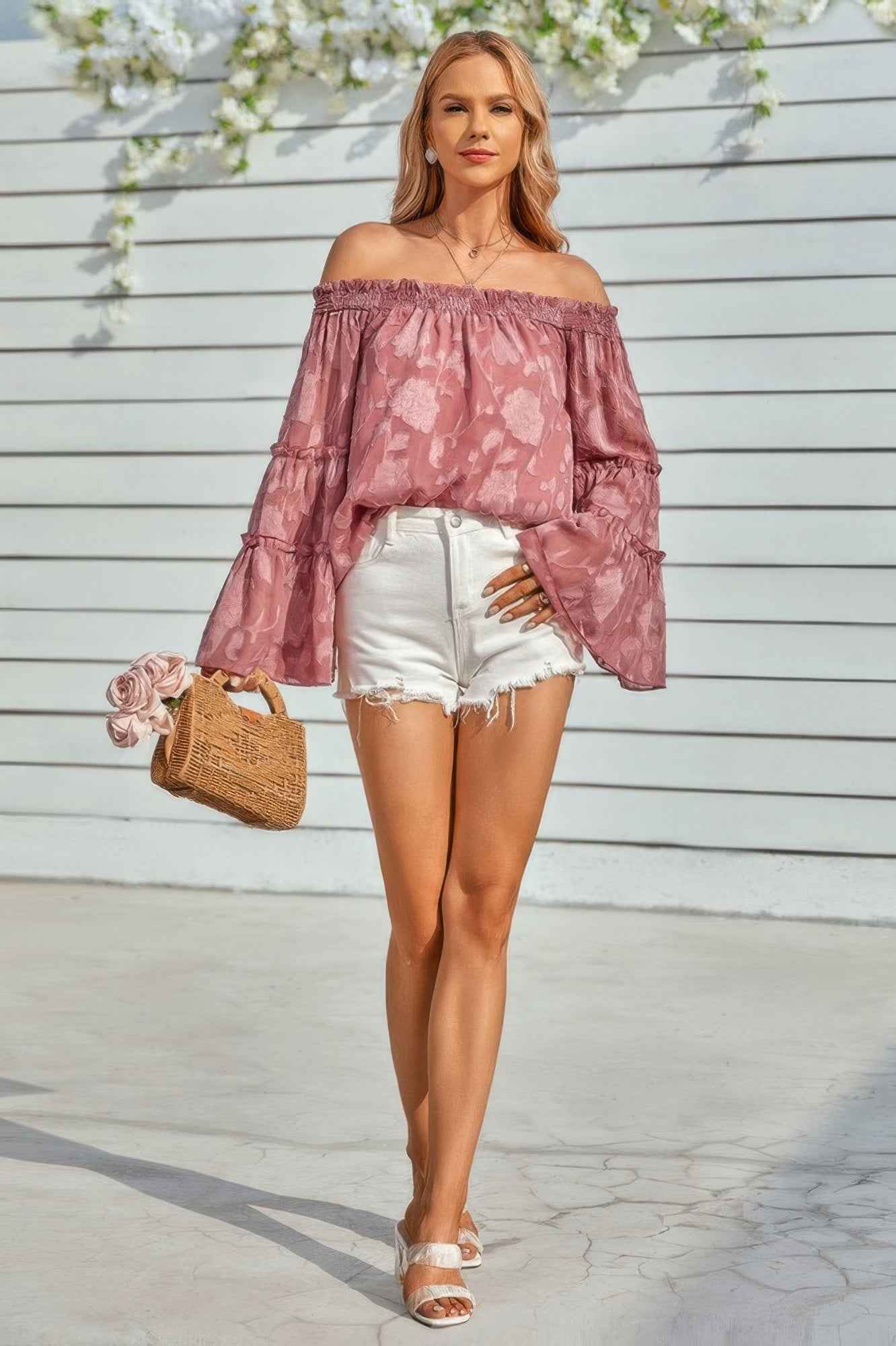 Solid Off Shoulder Flared Sleeve Flowy Blouse Solid Off Shoulder Flared Sleeve Flowy Blouse