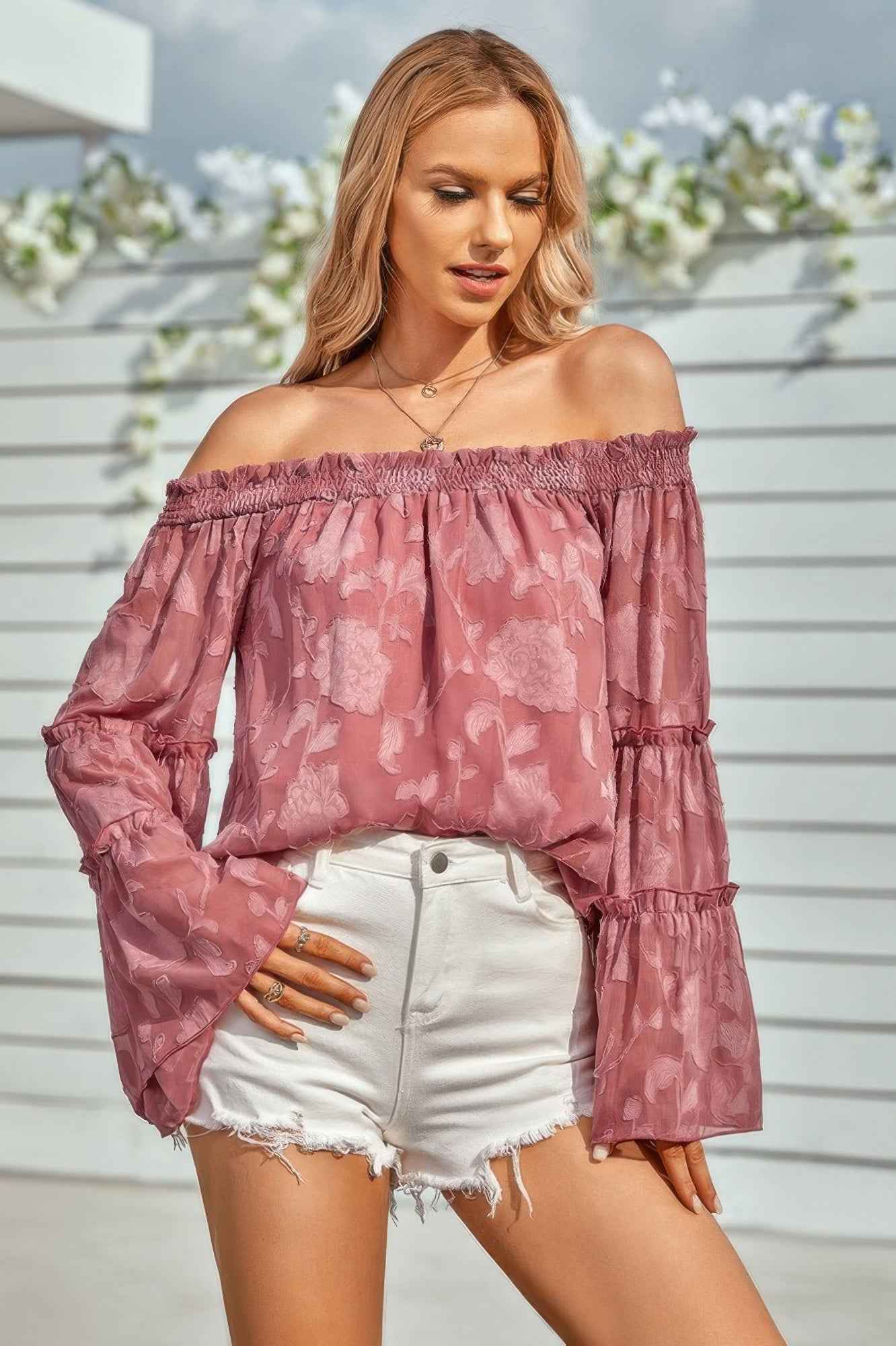Solid Off Shoulder Flared Sleeve Flowy Blouse Solid Off Shoulder Flared Sleeve Flowy Blouse