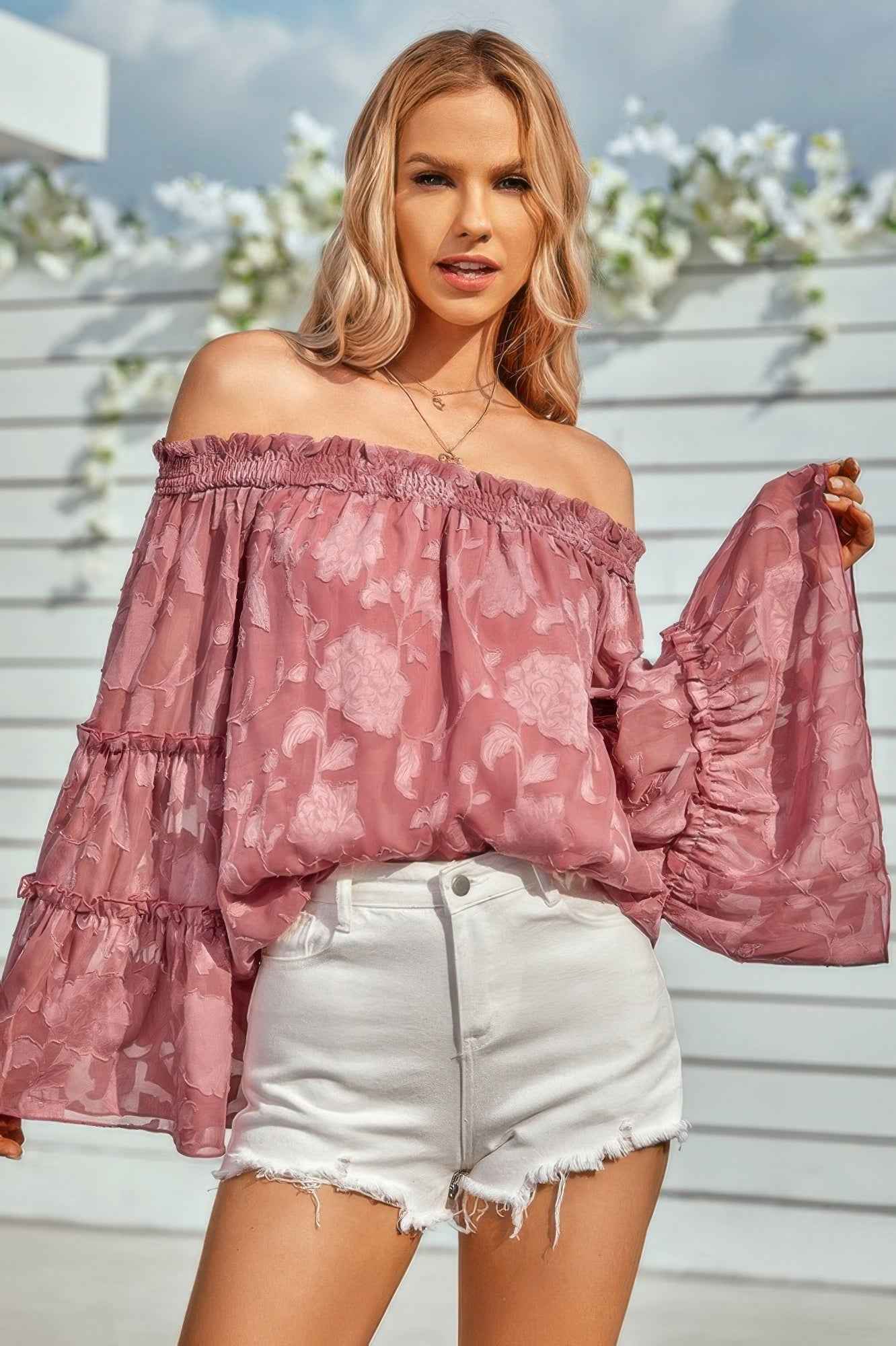 Solid Off Shoulder Flared Sleeve Flowy Blouse Solid Off Shoulder Flared Sleeve Flowy Blouse
