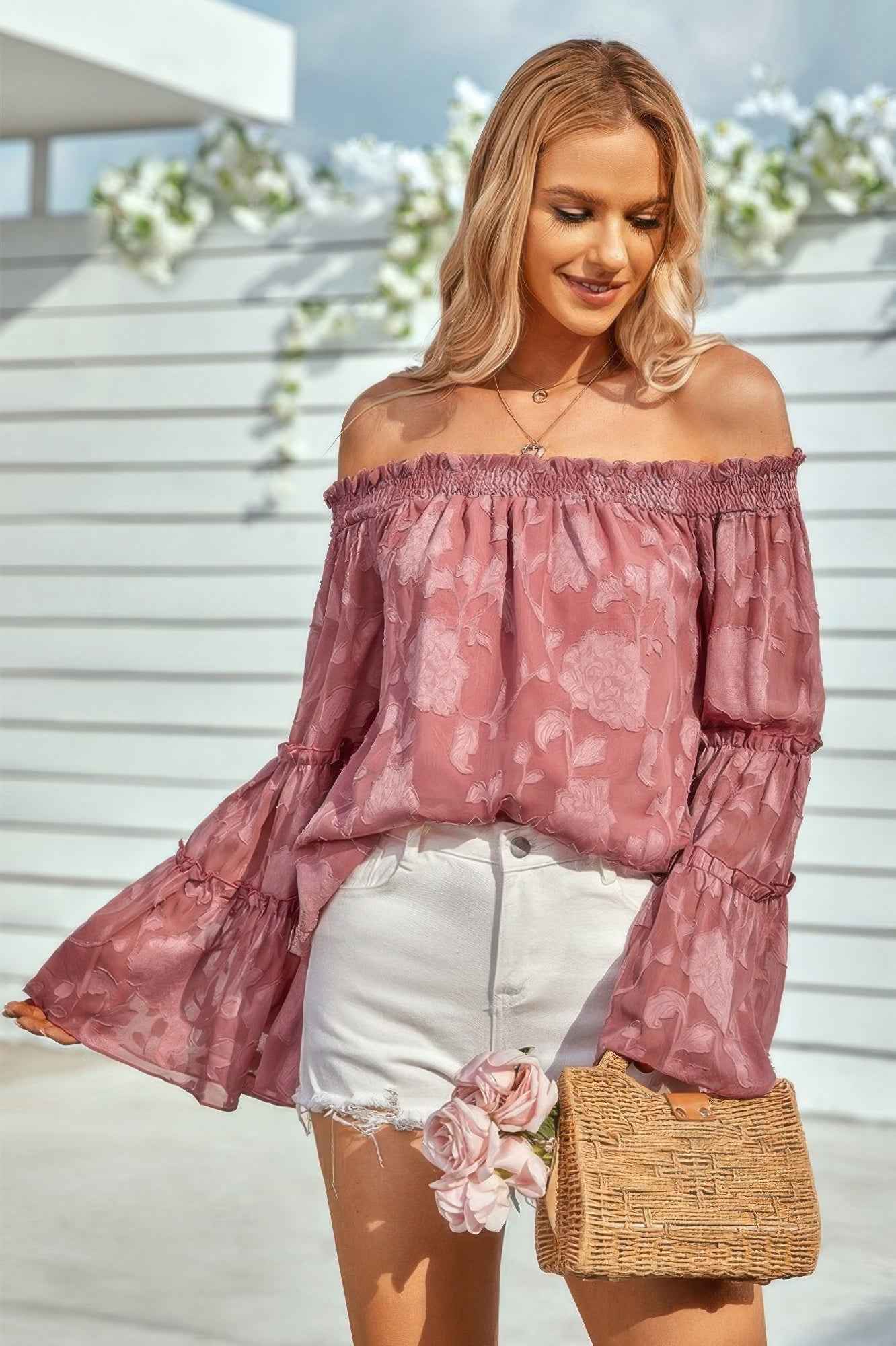 Solid Off Shoulder Flared Sleeve Flowy Blouse Solid Off Shoulder Flared Sleeve Flowy Blouse