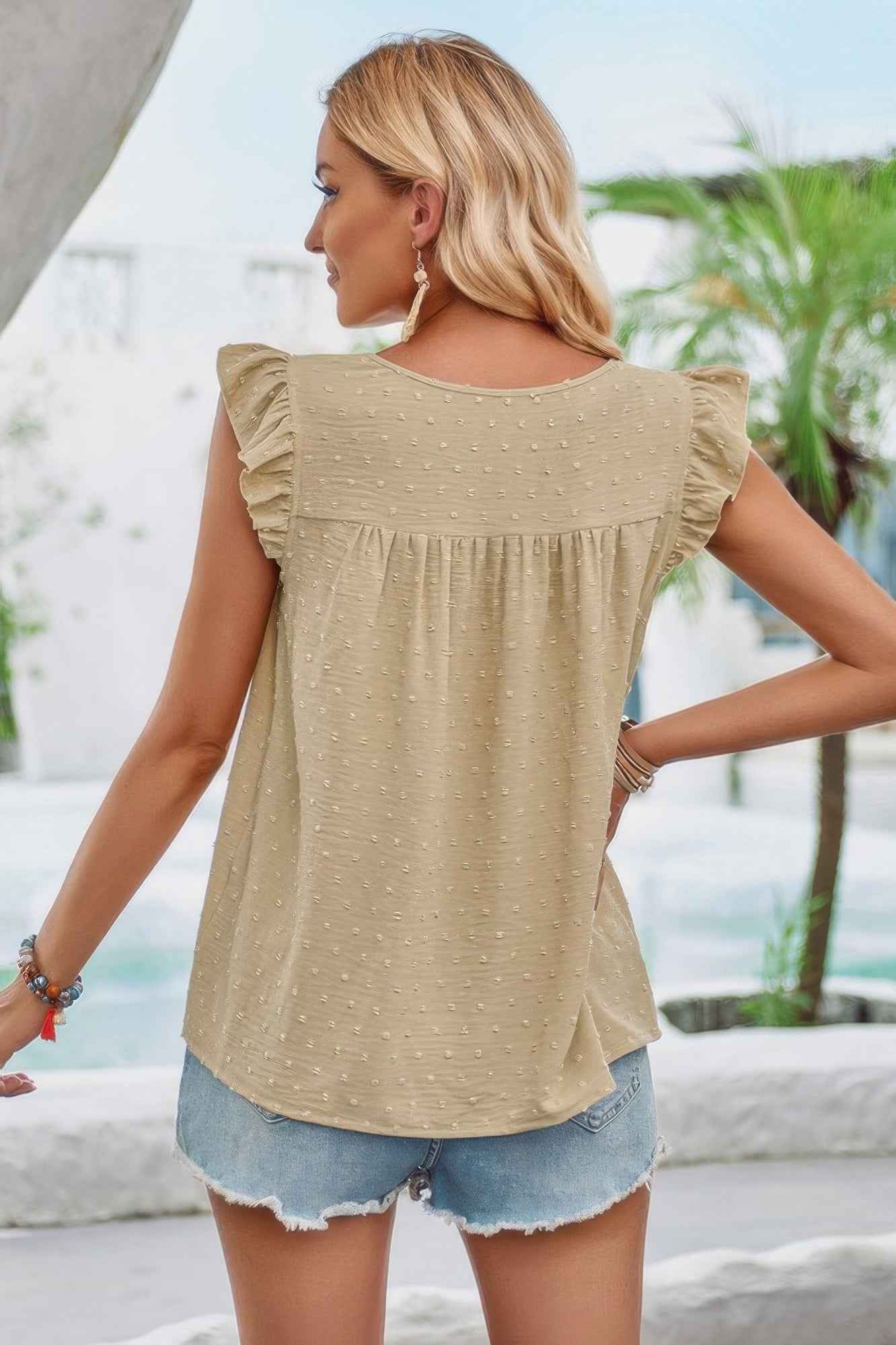 Crew Neck Swiss Dot Short Ruffle Sleeve Top Crew Neck Swiss Dot Short Ruffle Sleeve Top