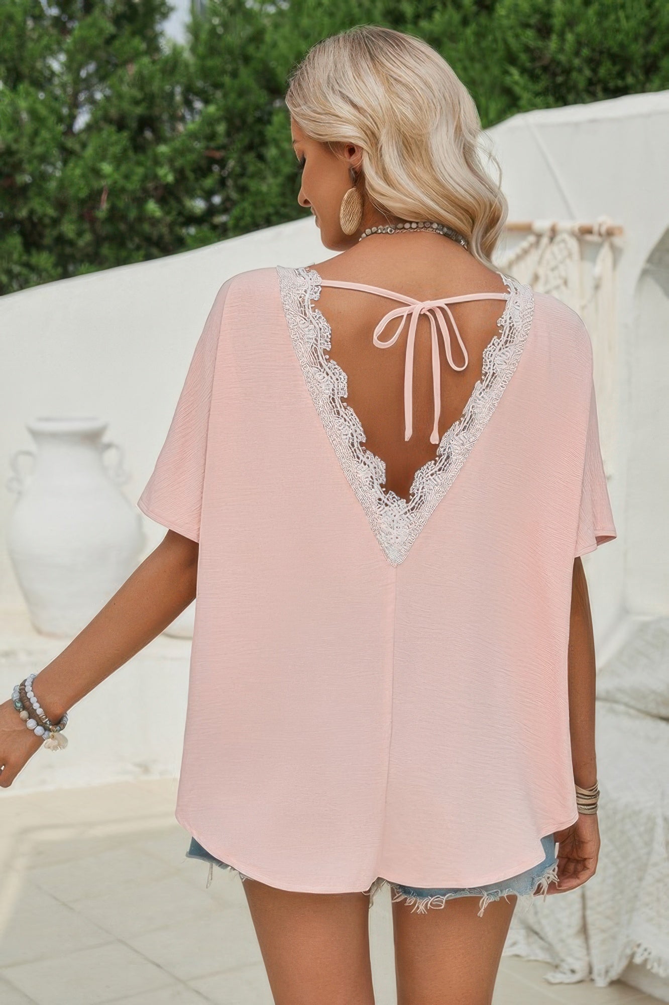 Knot Back Open Back Lace Trim Solid Loose Fit Top product image