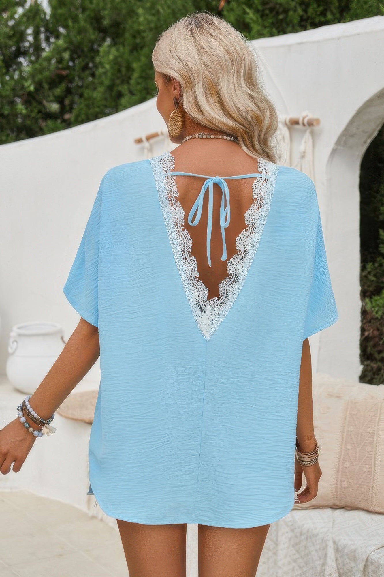 Knot Back Open Back Lace Trim Solid Loose Fit Top product image
