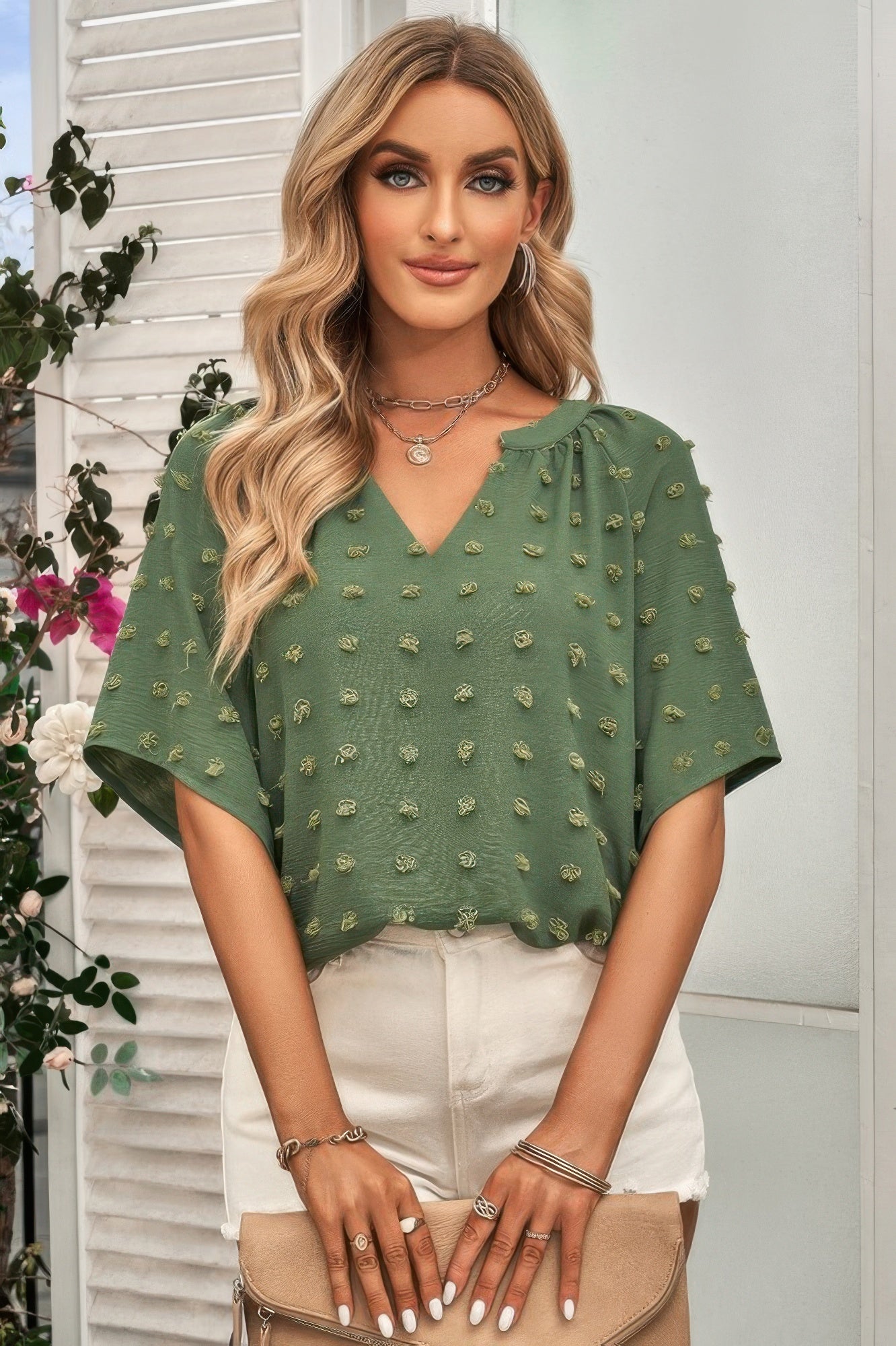 Solid Swiss Dot V Neck Puff Sleeve Blouse product image