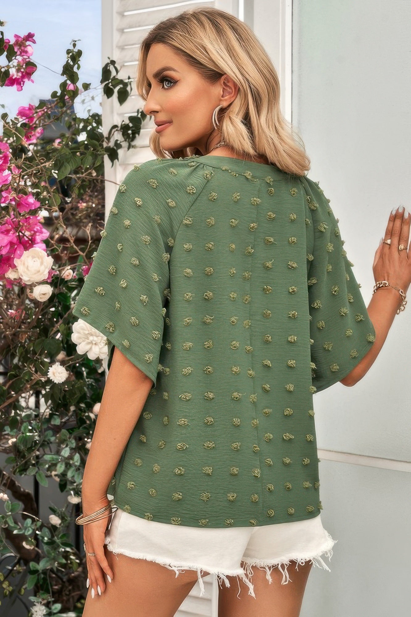 Solid Swiss Dot V Neck Puff Sleeve Blouse product image