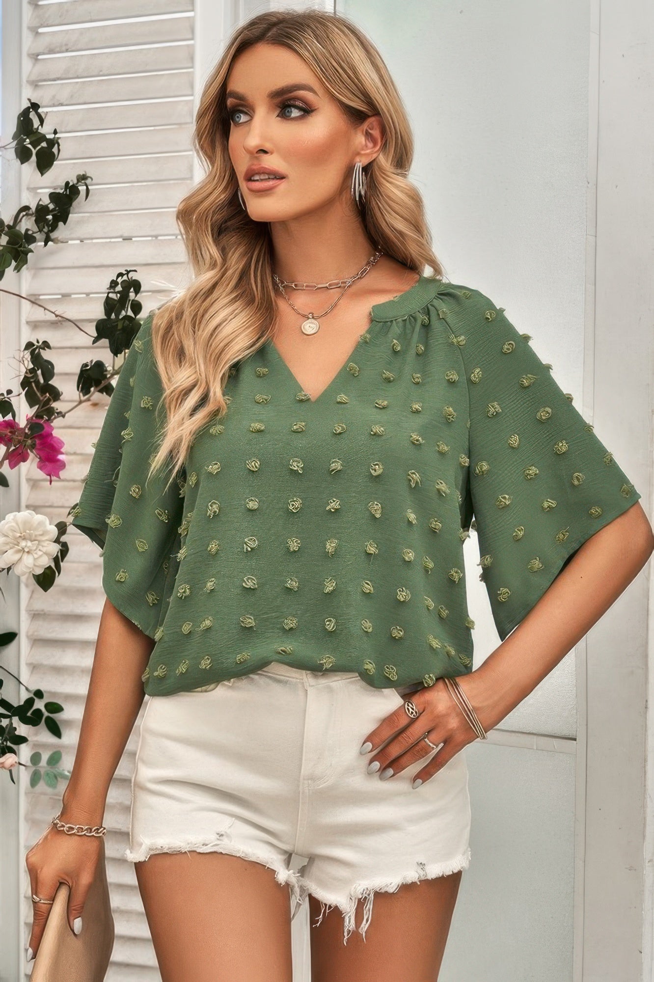 Solid Swiss Dot V Neck Puff Sleeve Blouse product image