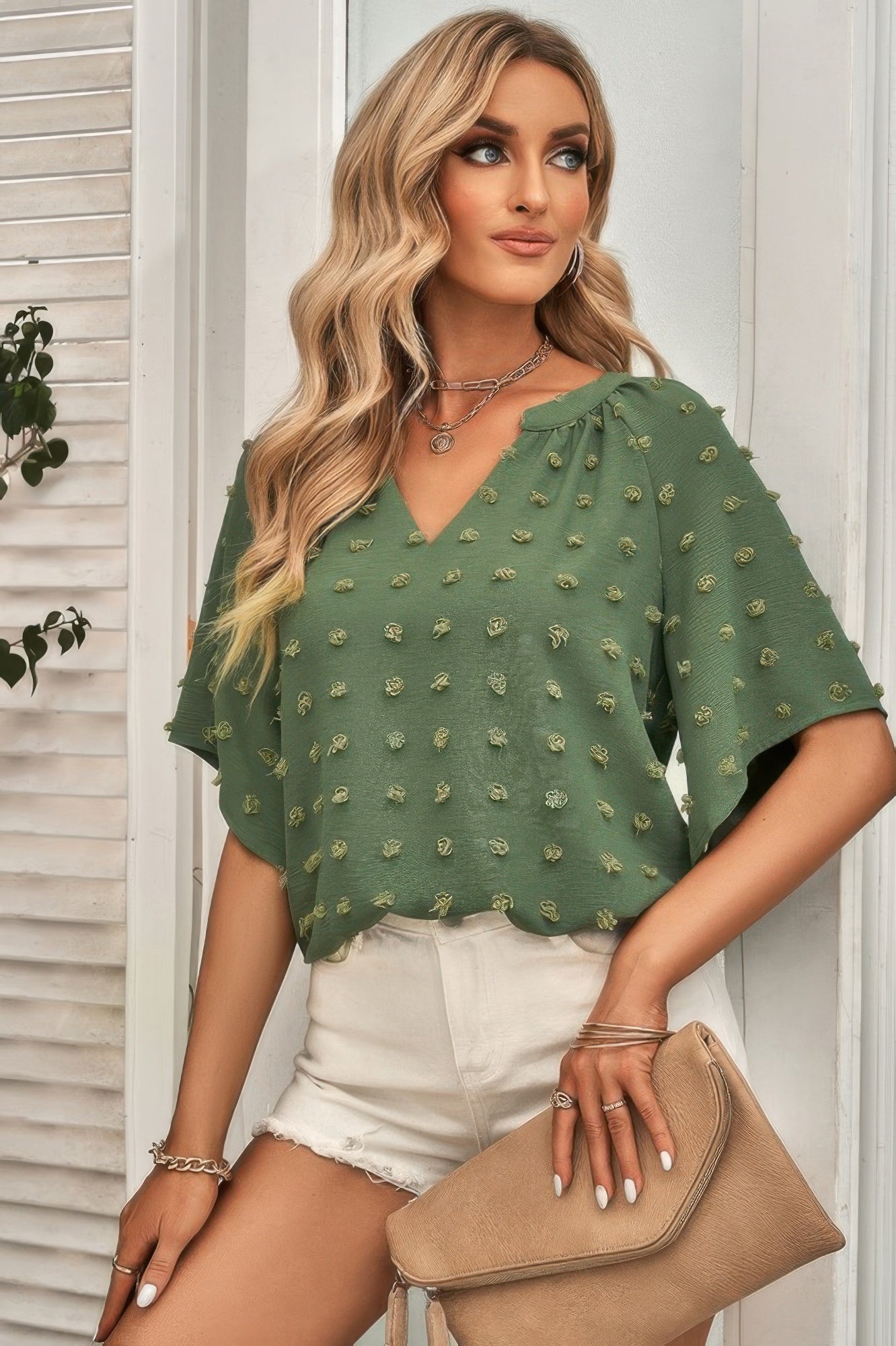 Solid Swiss Dot V Neck Puff Sleeve Blouse product image