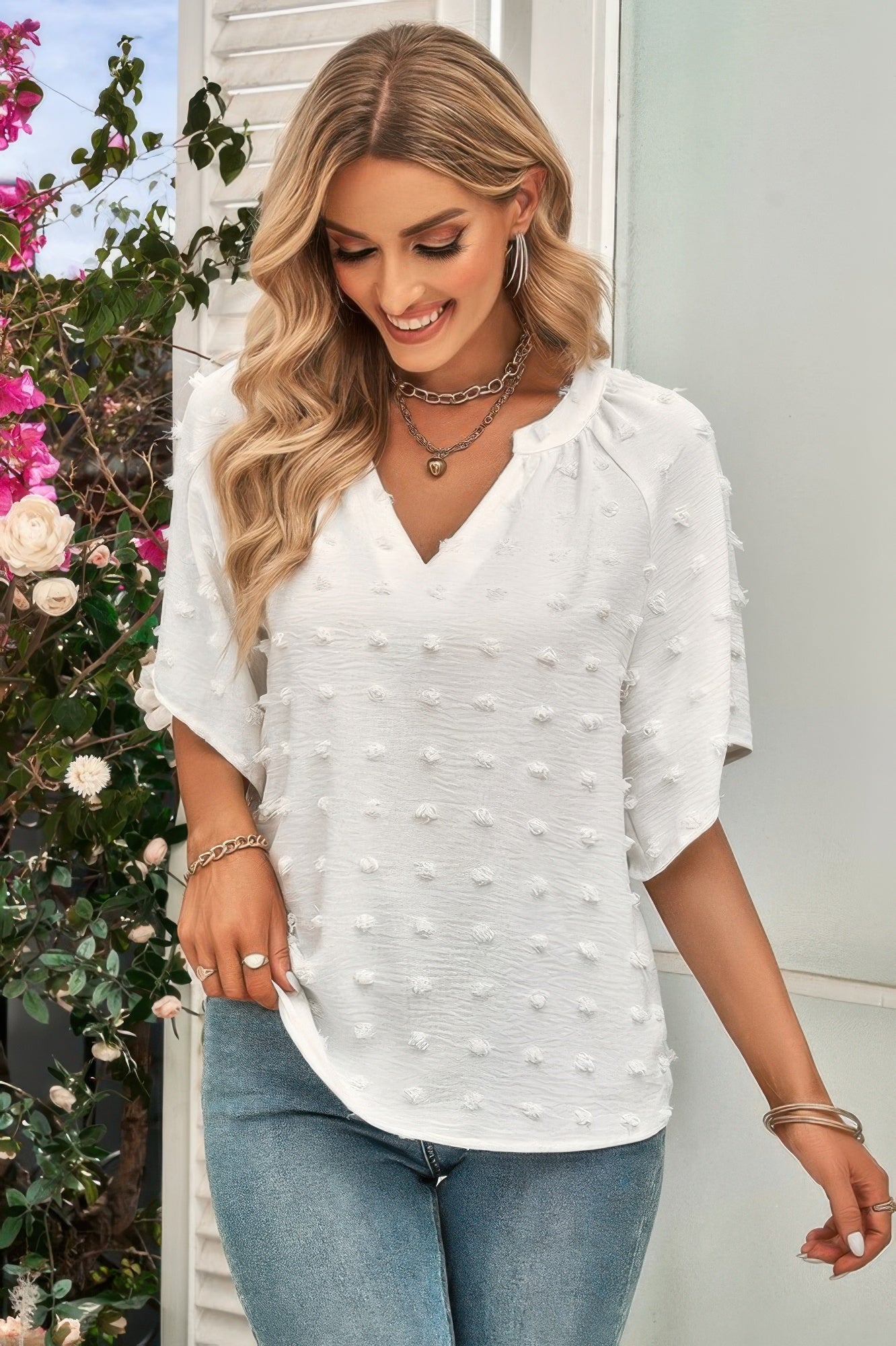 Solid Swiss Dot V Neck Puff Sleeve Blouse product image