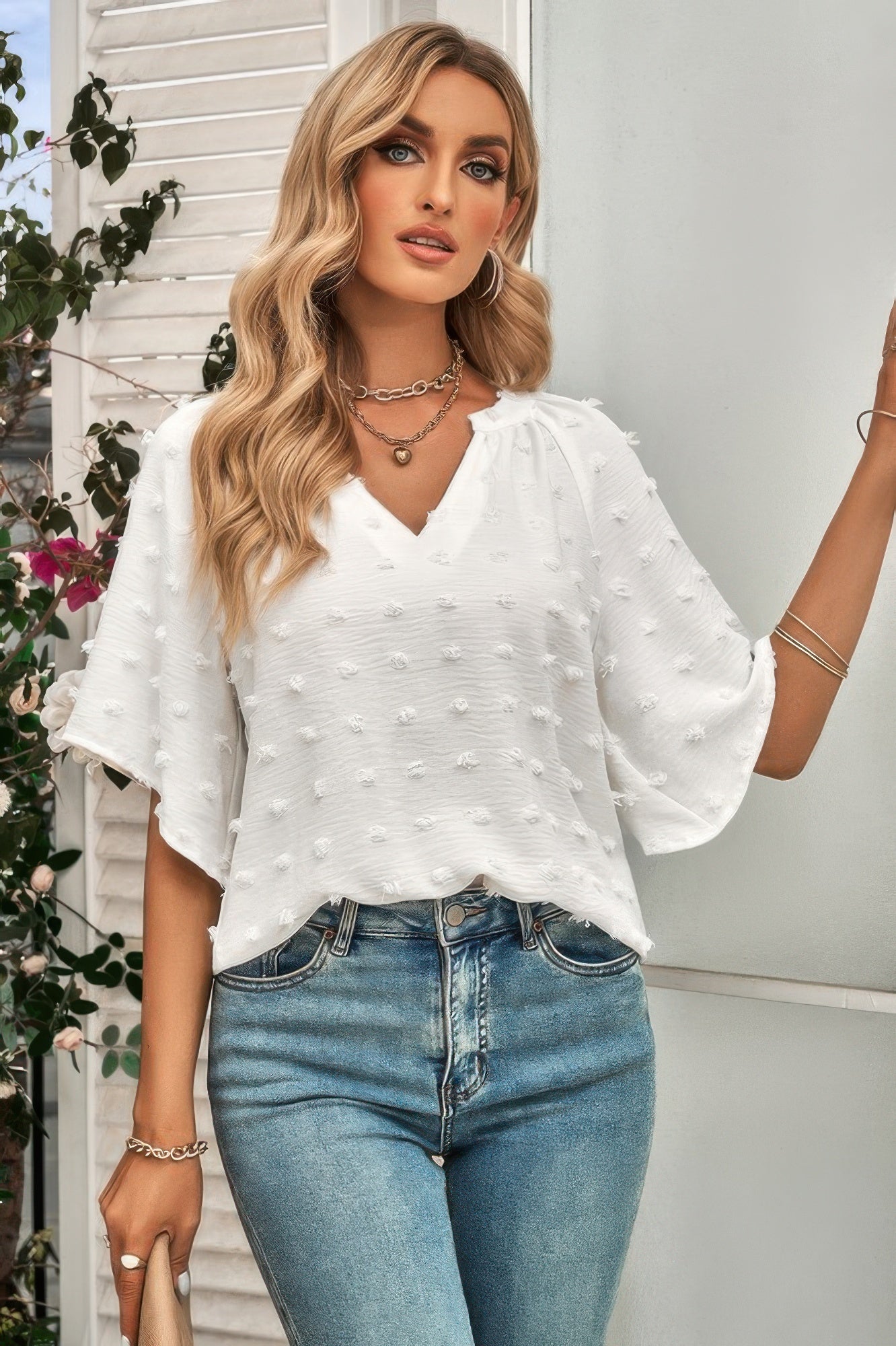 Solid Swiss Dot V Neck Puff Sleeve Blouse product image