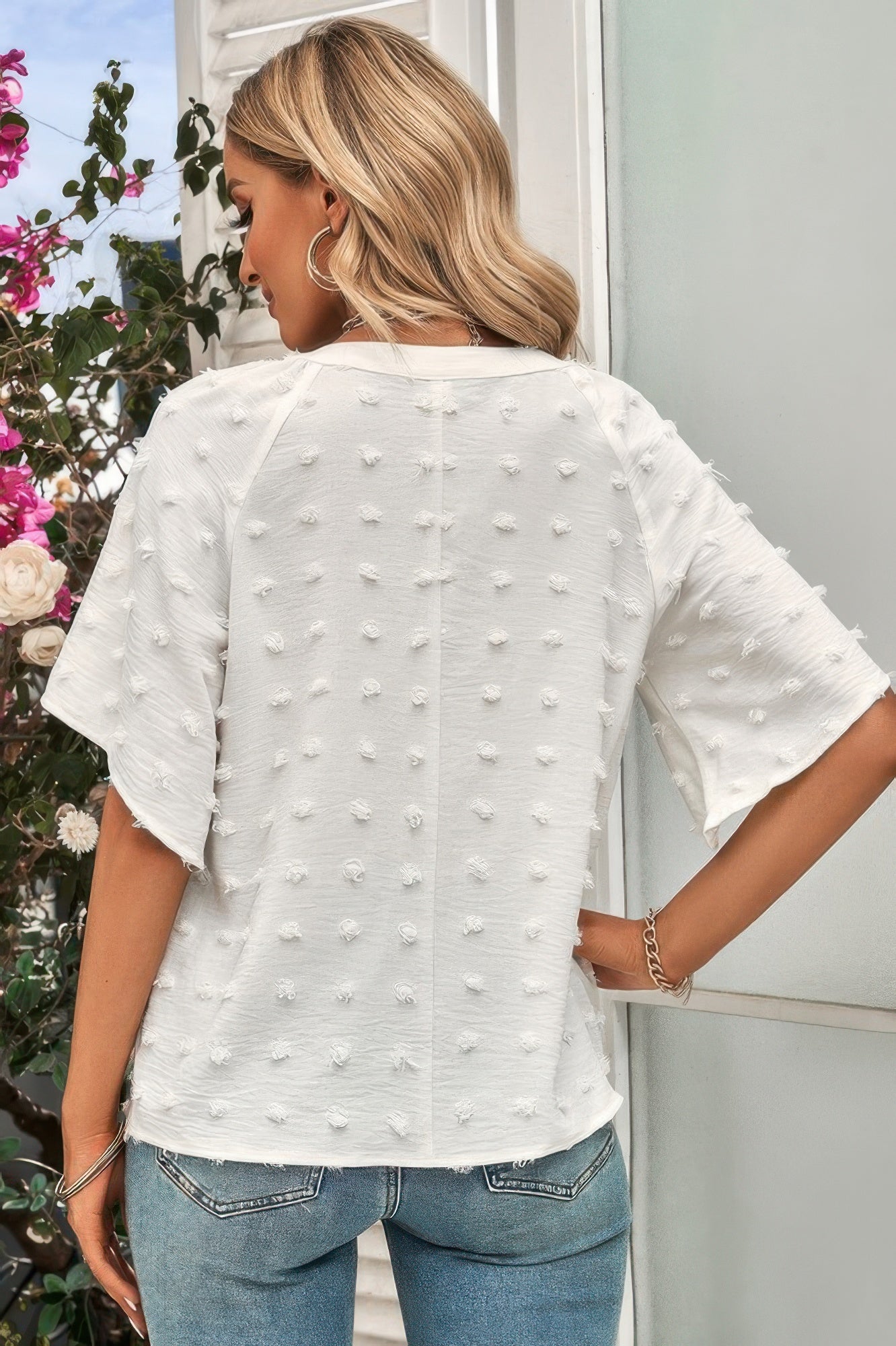 Solid Swiss Dot V Neck Puff Sleeve Blouse product image