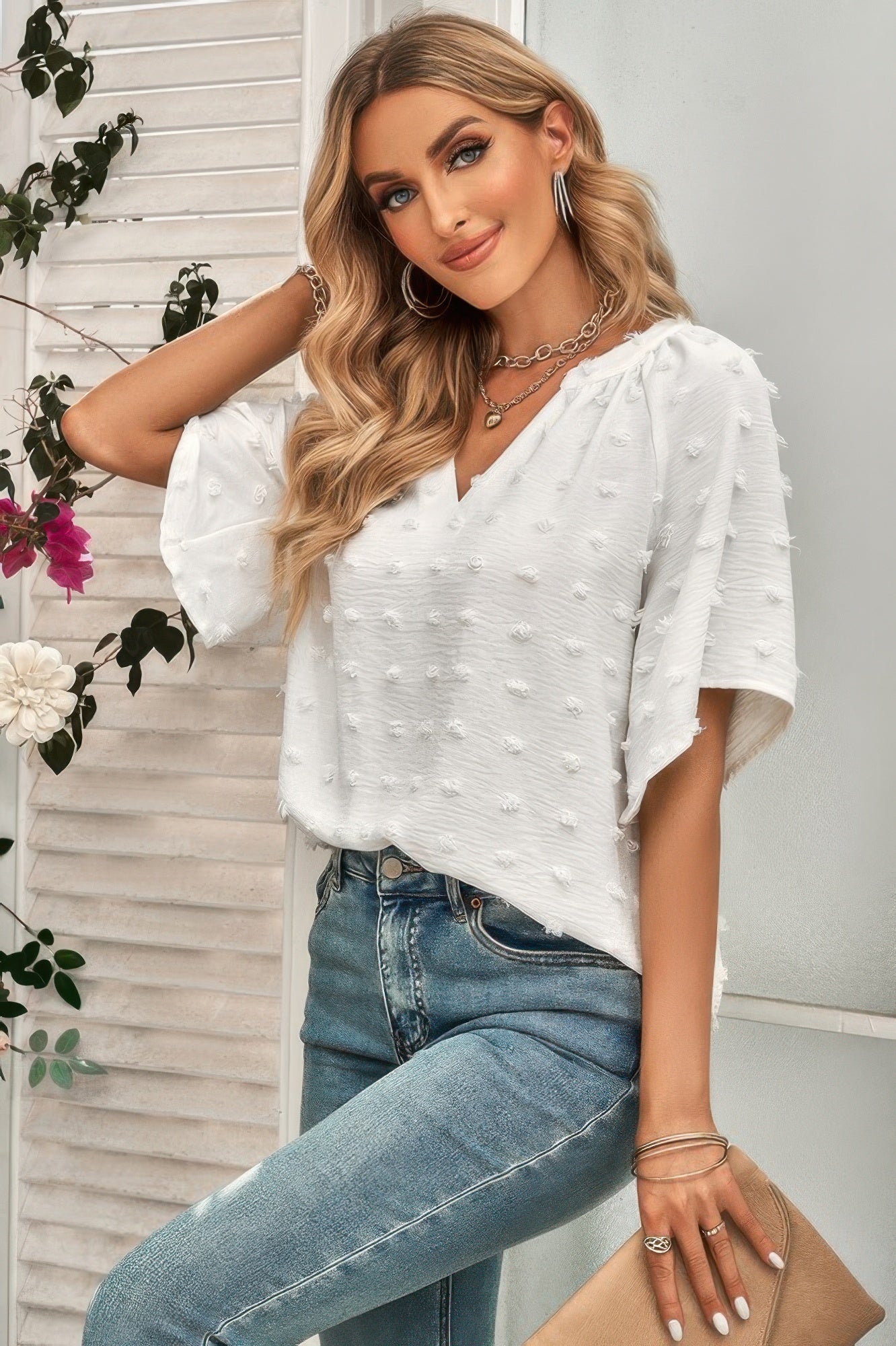 Solid Swiss Dot V Neck Puff Sleeve Blouse product image