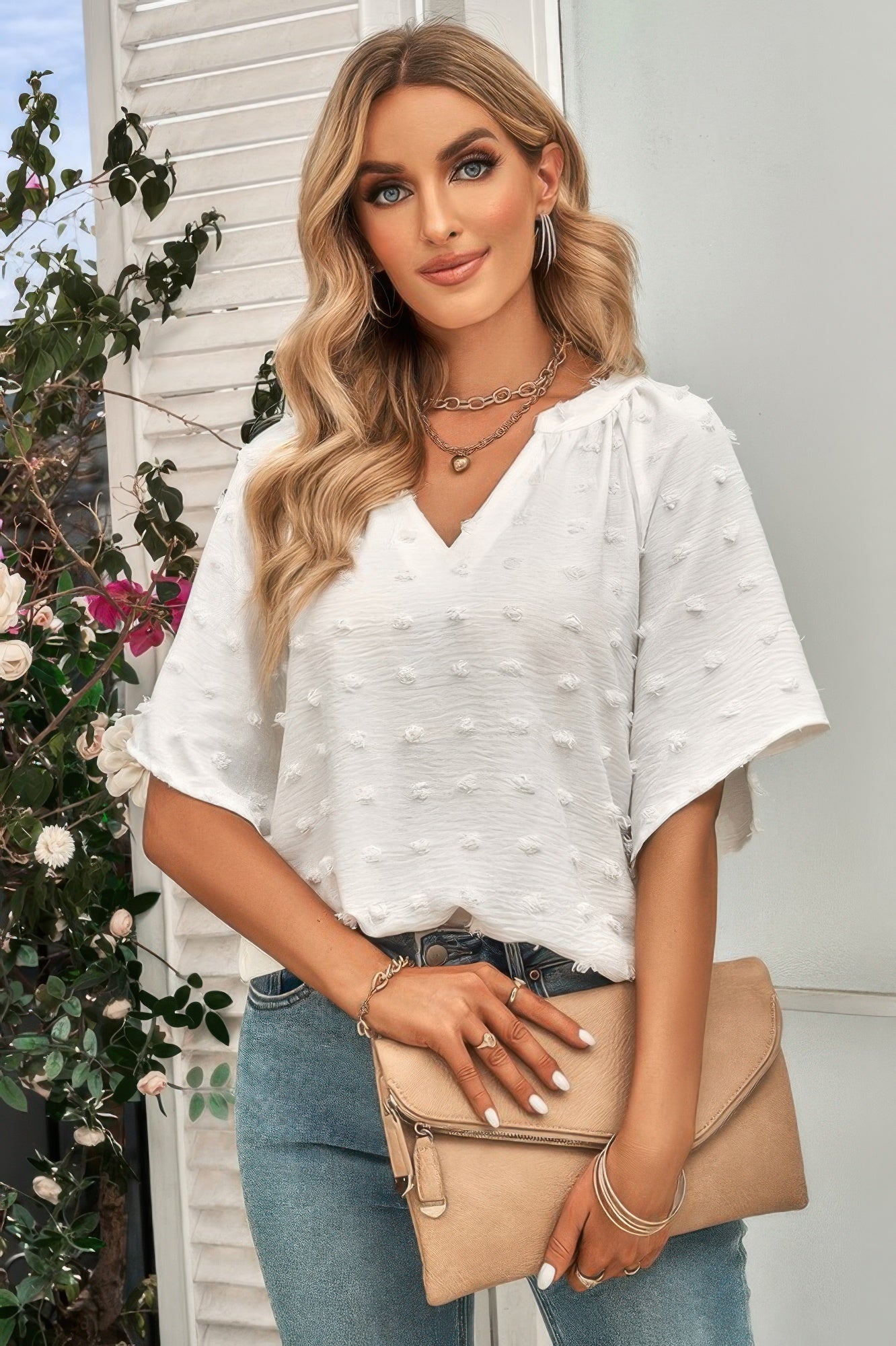 Solid Swiss Dot V Neck Puff Sleeve Blouse product image