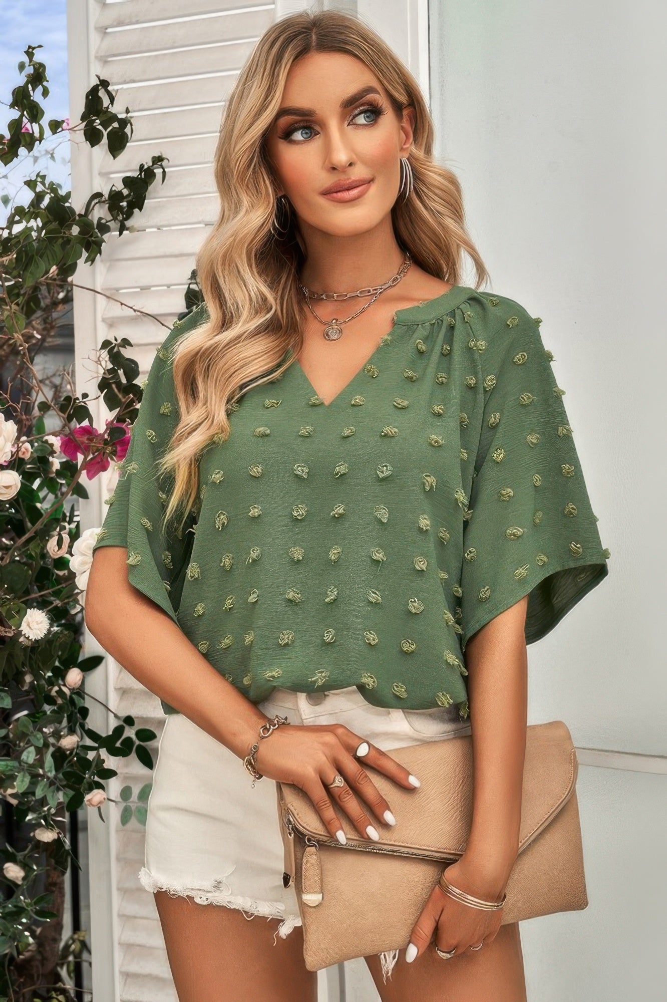 Solid Swiss Dot V Neck Puff Sleeve Blouse product image