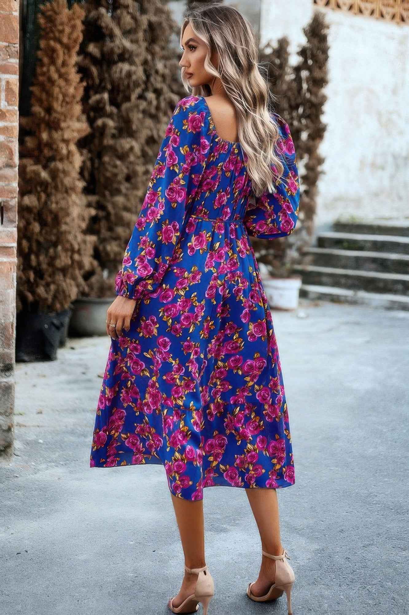 Floral High Elastic Waist Square Neck Pocket Dress Floral High Elastic Waist Square Neck Pocket Dress