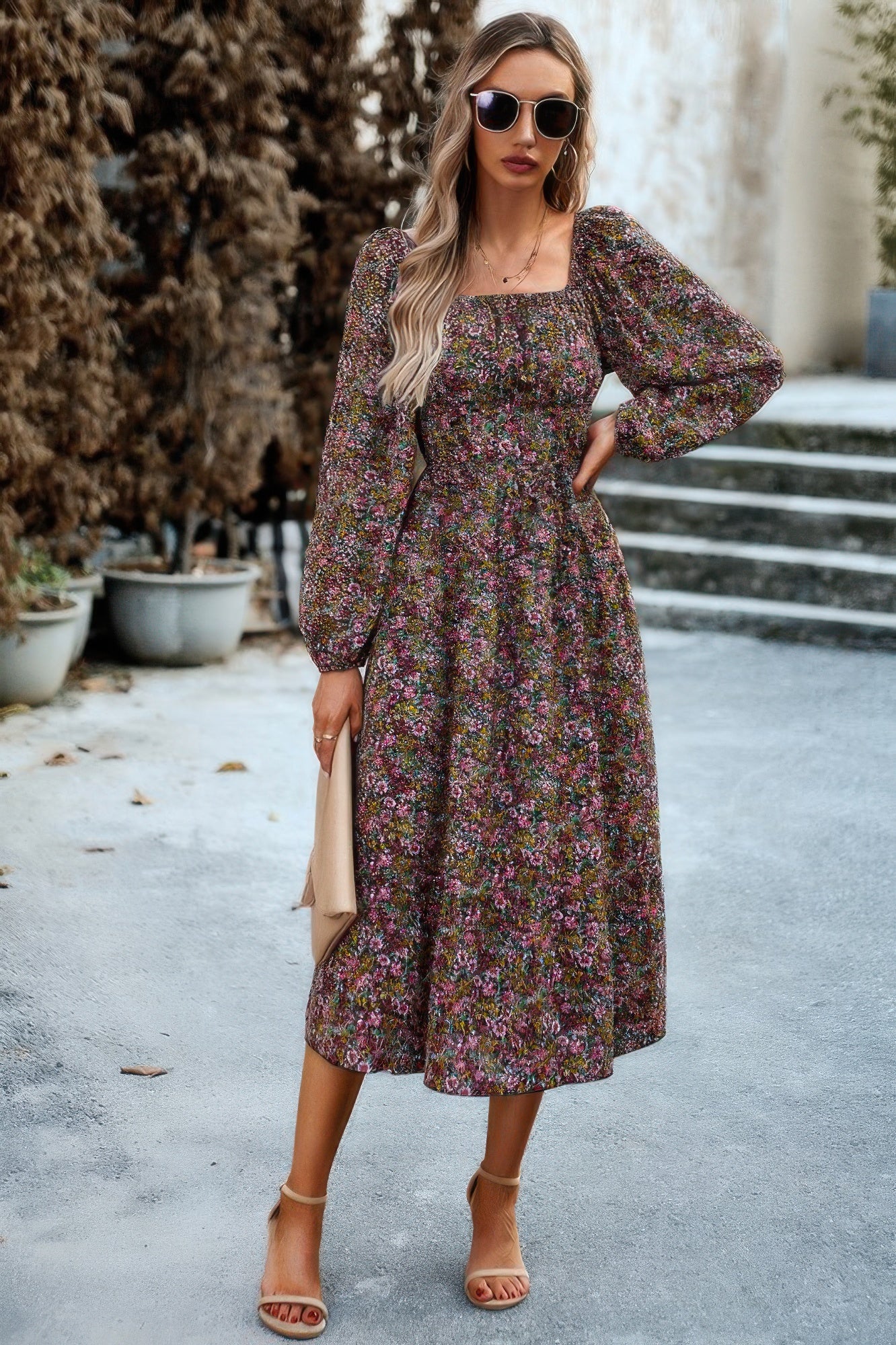 Floral High Elastic Waist Square Neck Pocket Dress product image