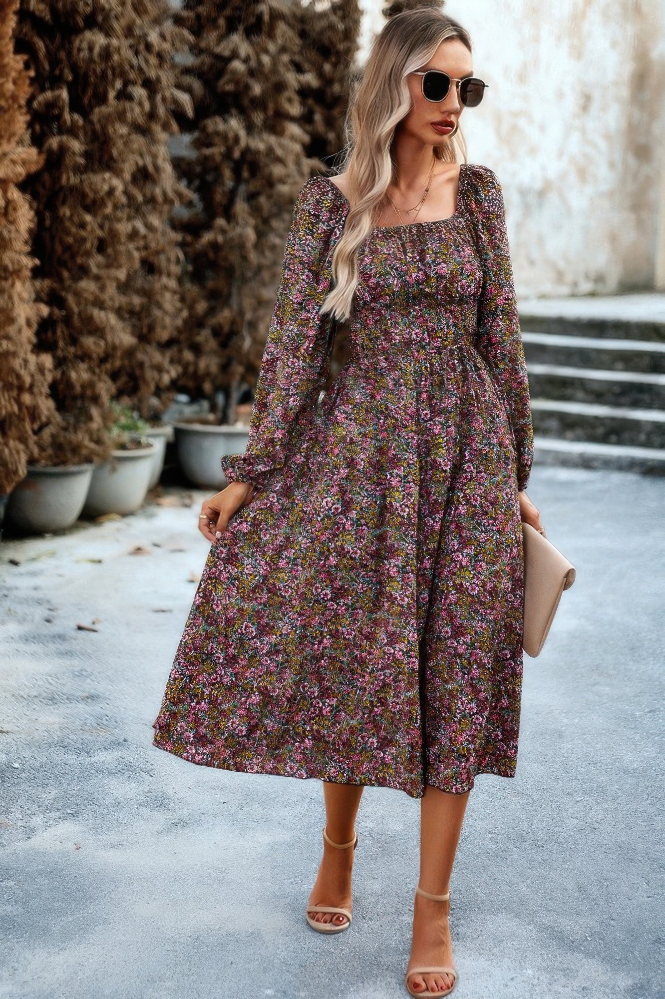 Floral High Elastic Waist Square Neck Pocket Dress product image