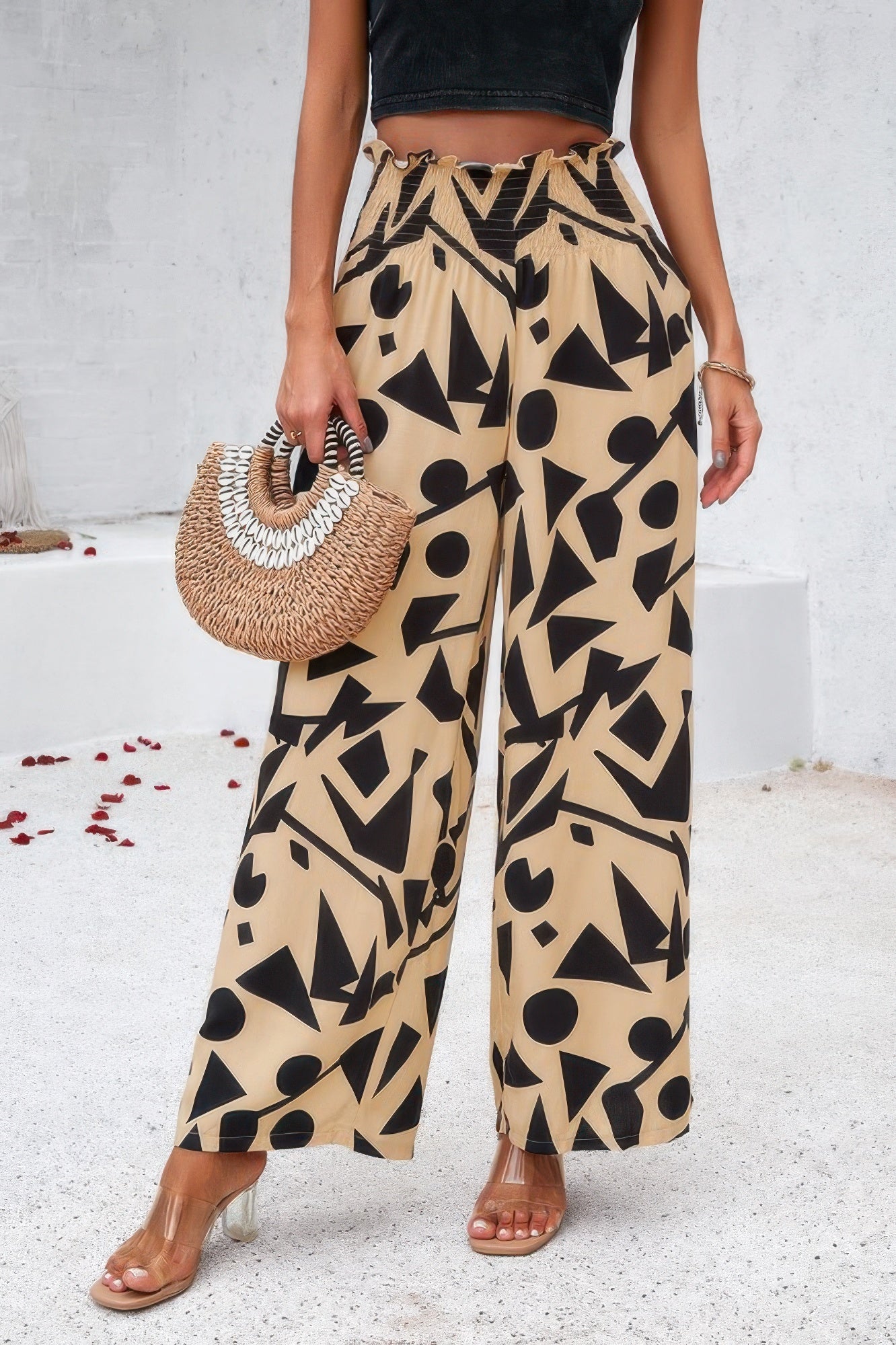 Allover Print Folded Frill Wide Leg High Waist Pant product image