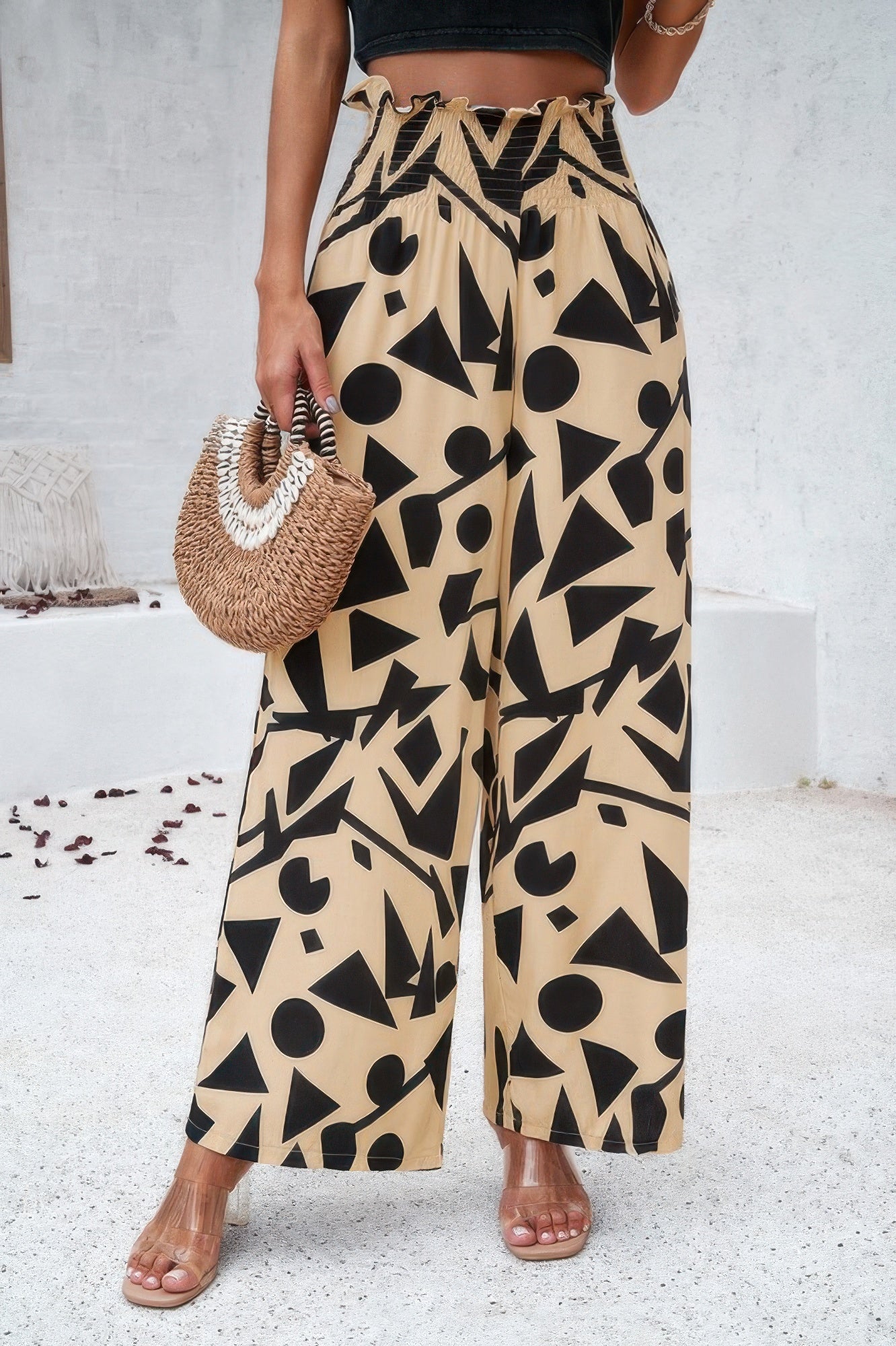 Allover Print Folded Frill Wide Leg High Waist Pant product image