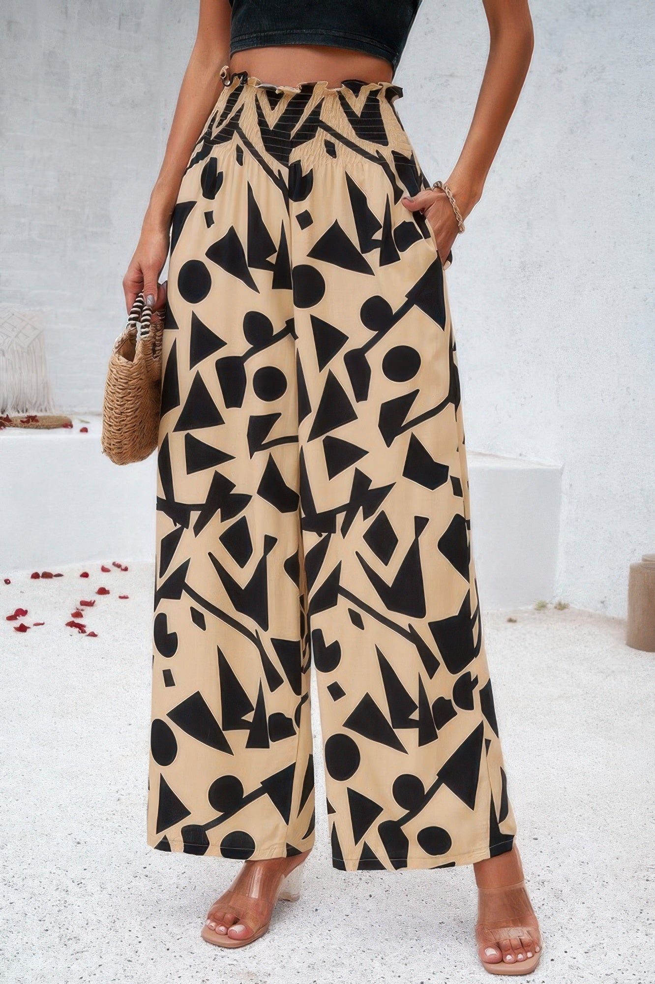 Allover Print Folded Frill Wide Leg High Waist Pant product image