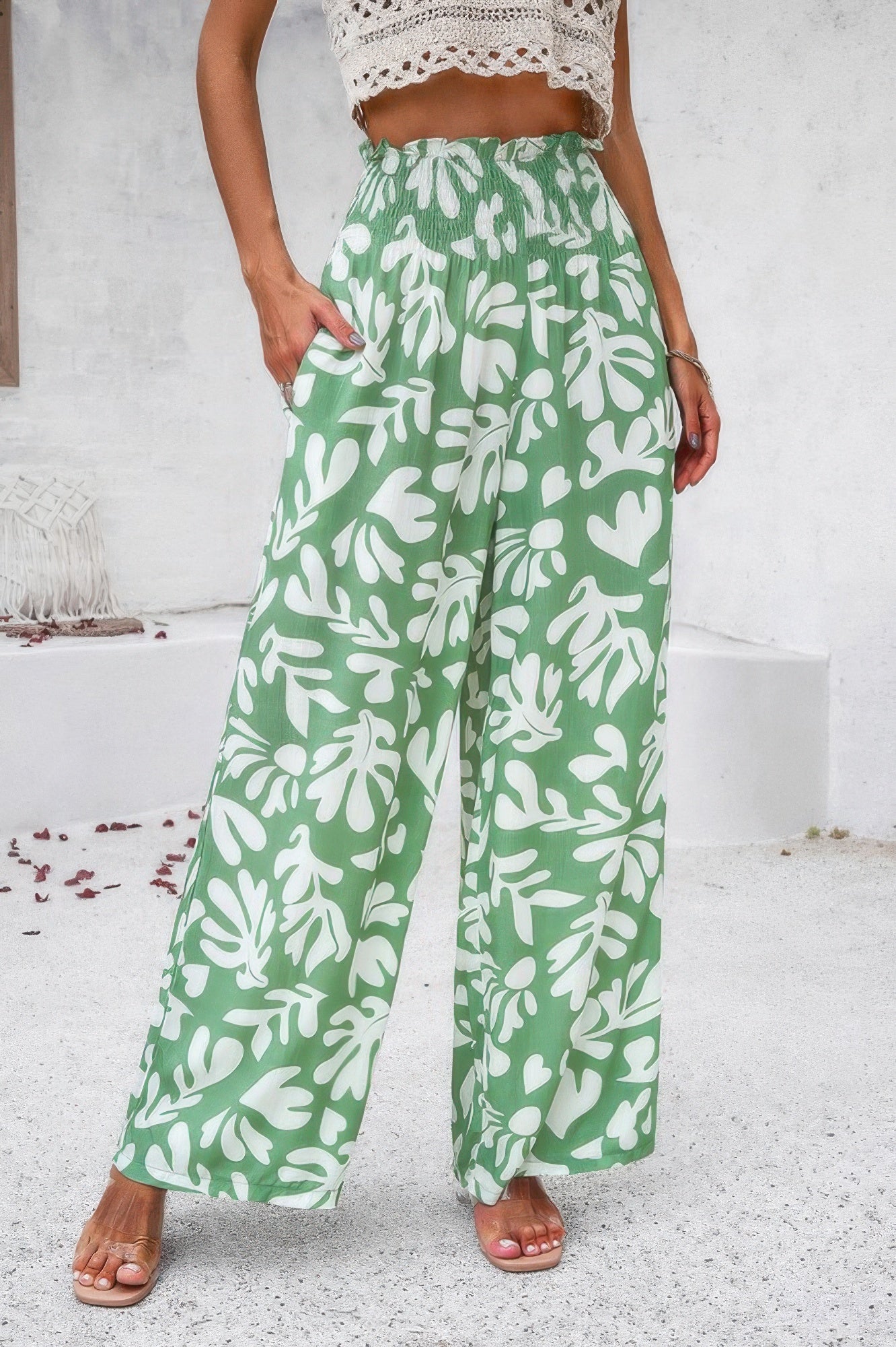 Allover Print Folded Frill Wide Leg High Waist Pant product image