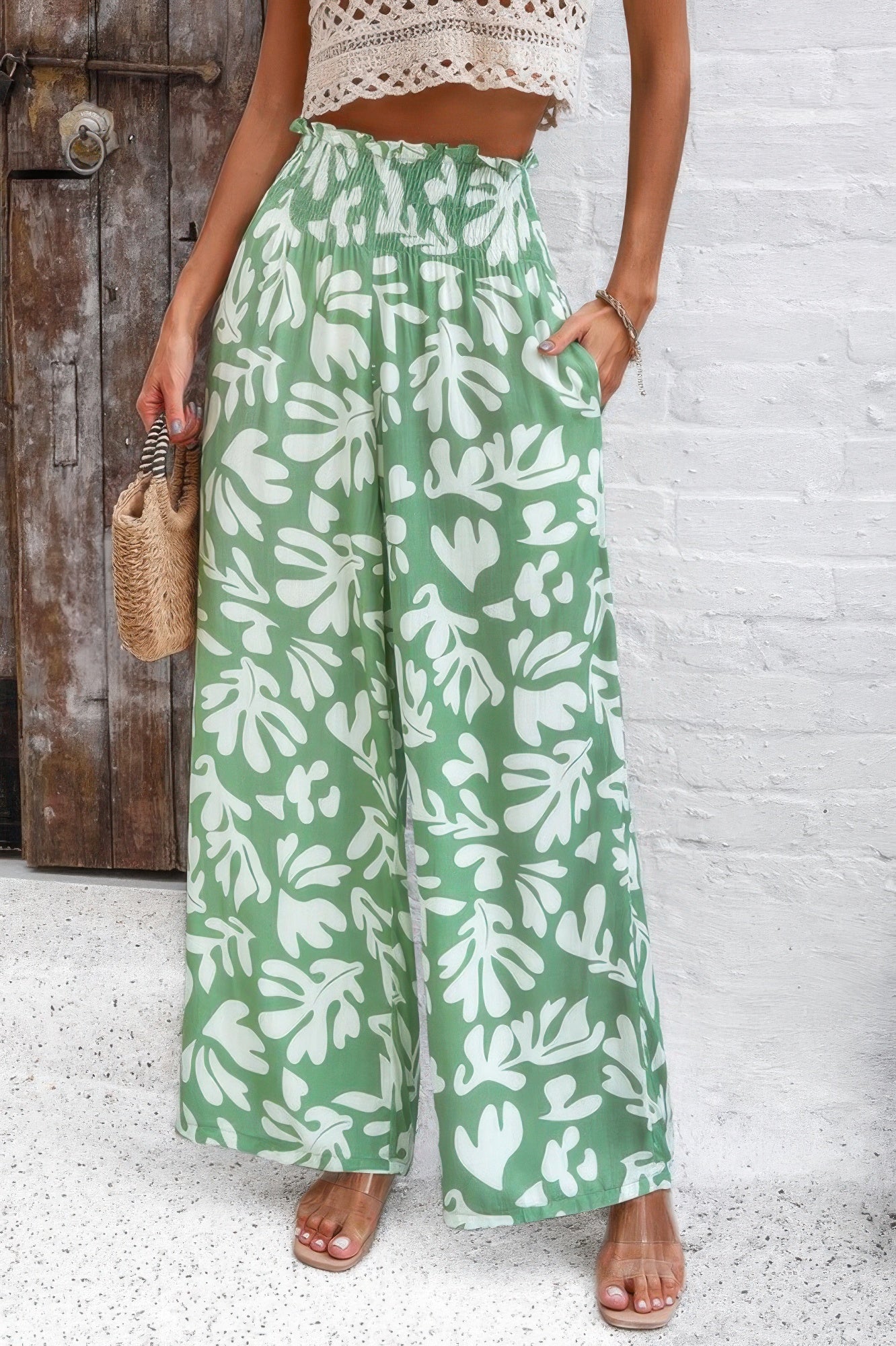 Allover Print Folded Frill Wide Leg High Waist Pant product image