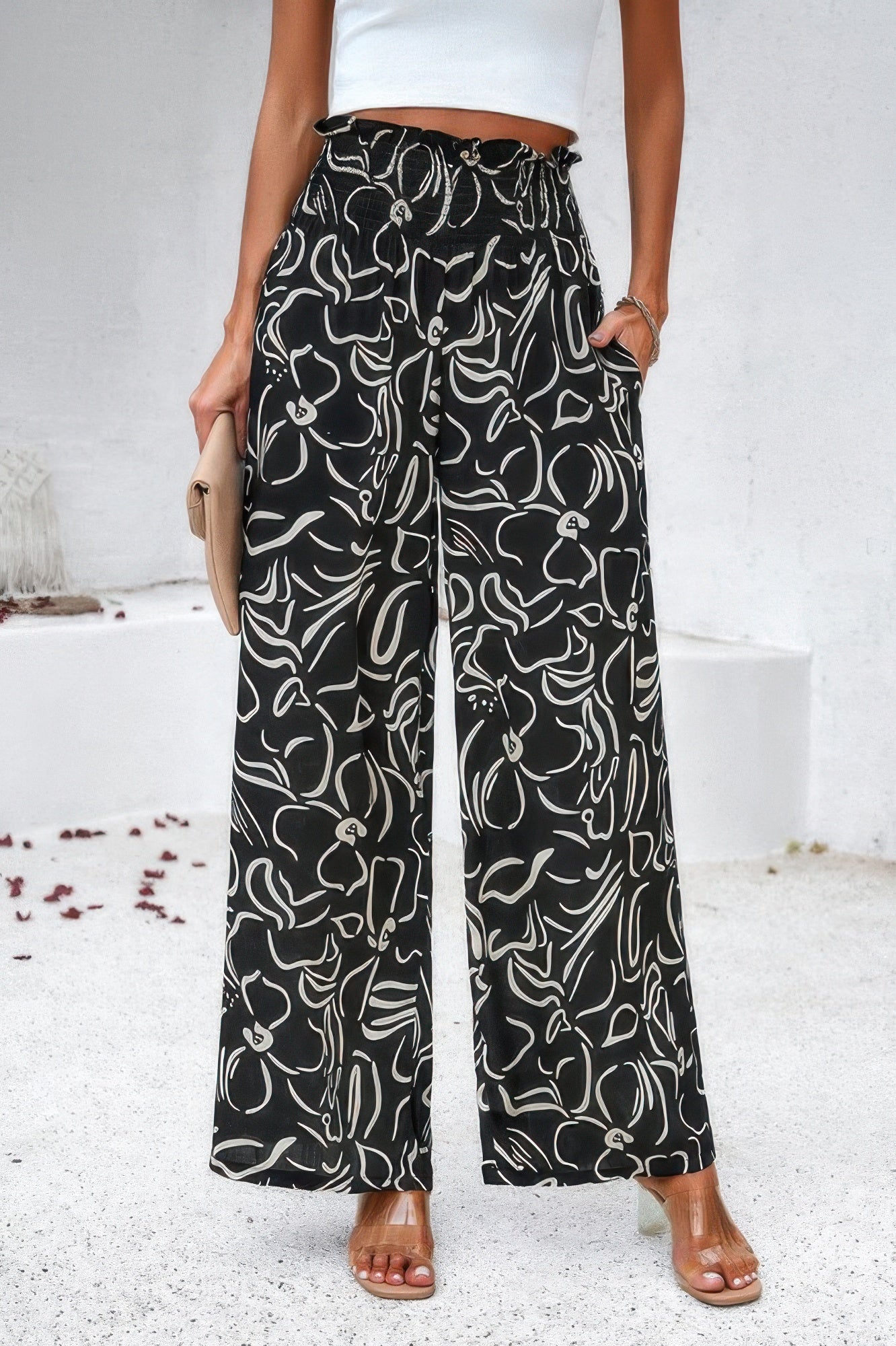 Allover Print Folded Frill Wide Leg High Waist Pant product image