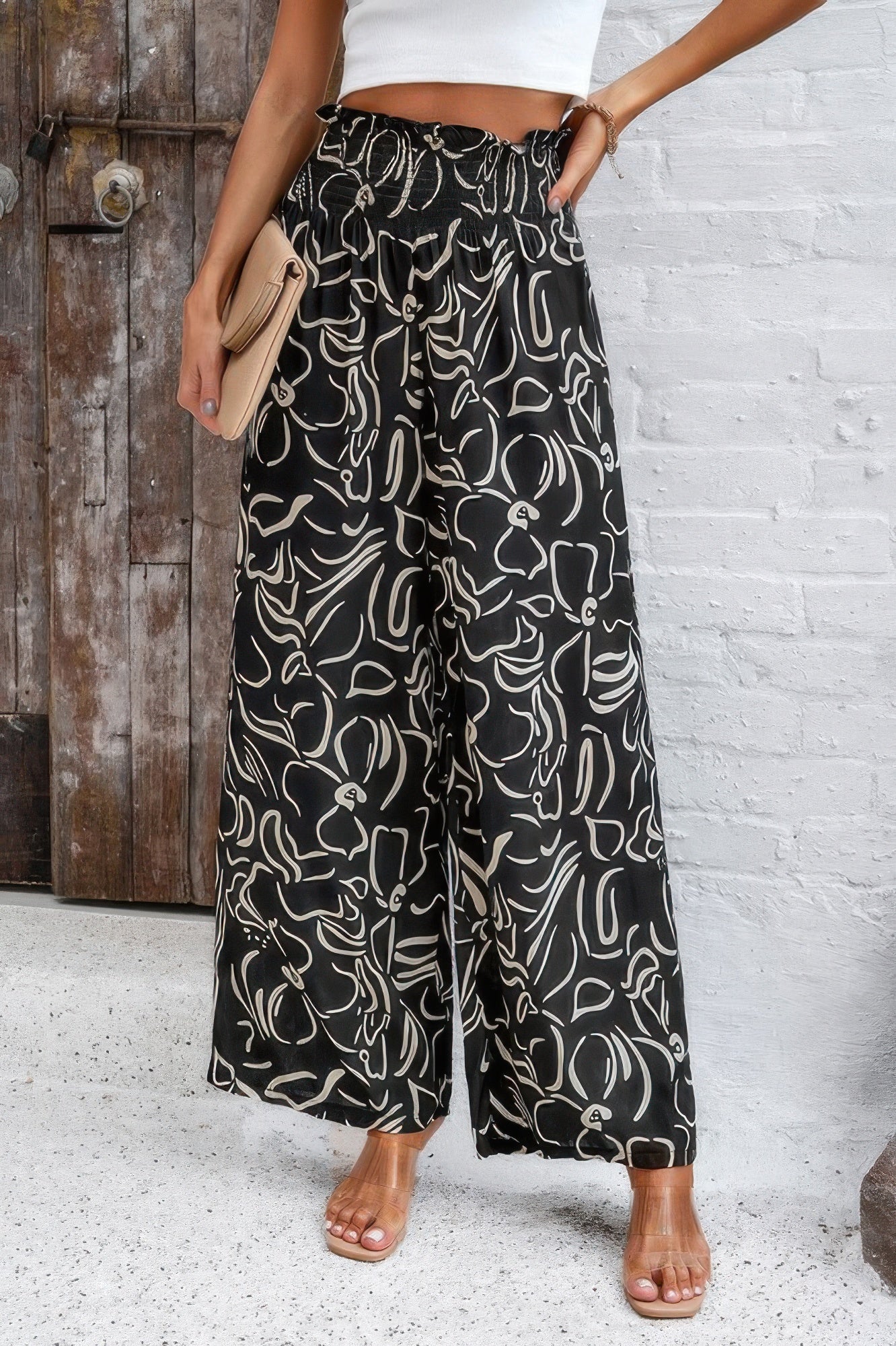 Allover Print Folded Frill Wide Leg High Waist Pant product image
