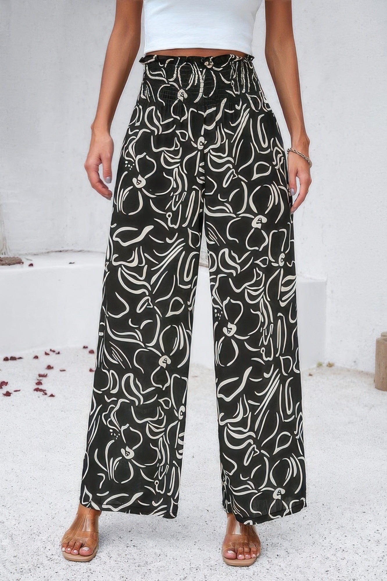 Allover Print Folded Frill Wide Leg High Waist Pant product image