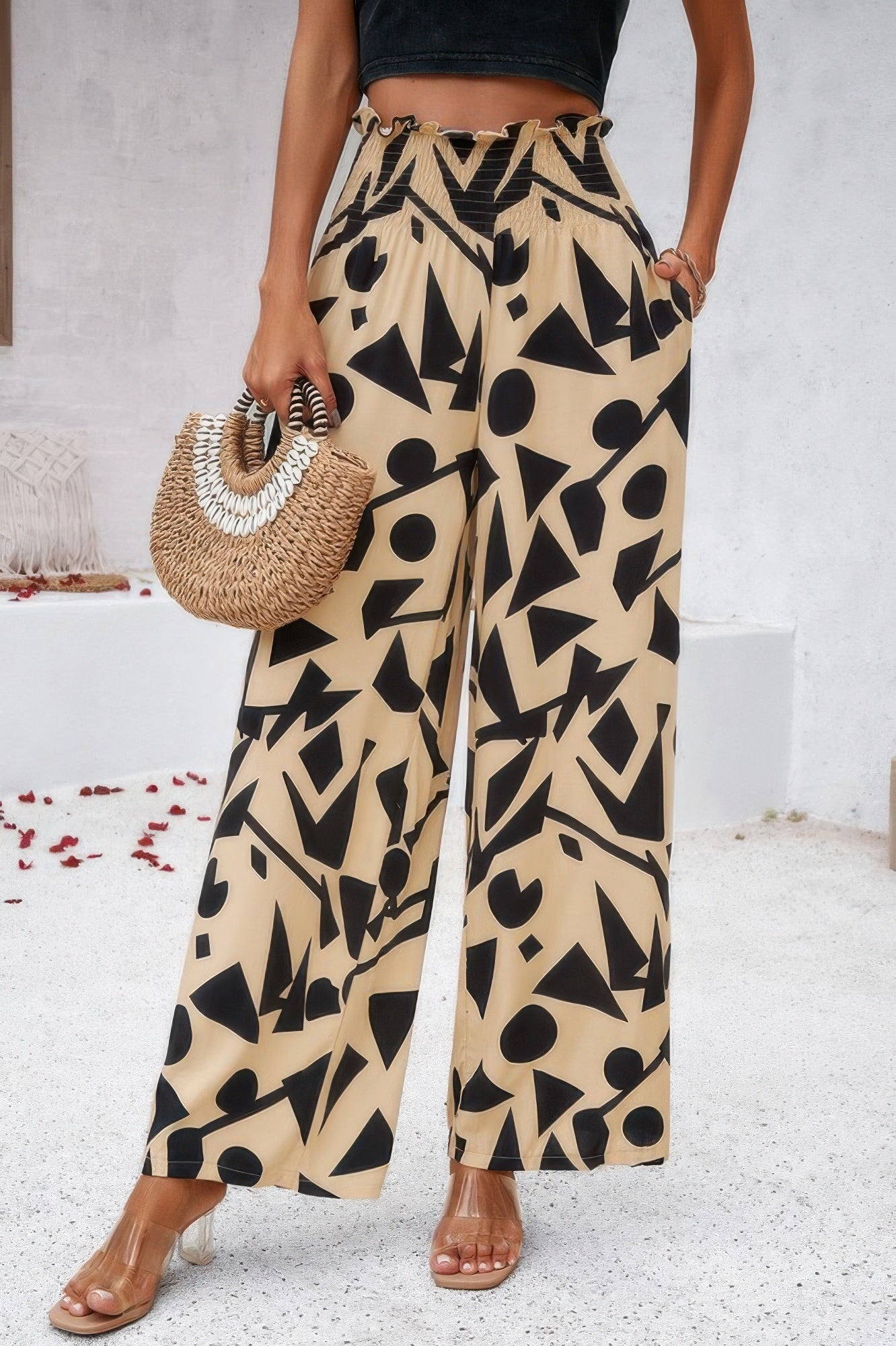 Allover Print Folded Frill Wide Leg High Waist Pant product image