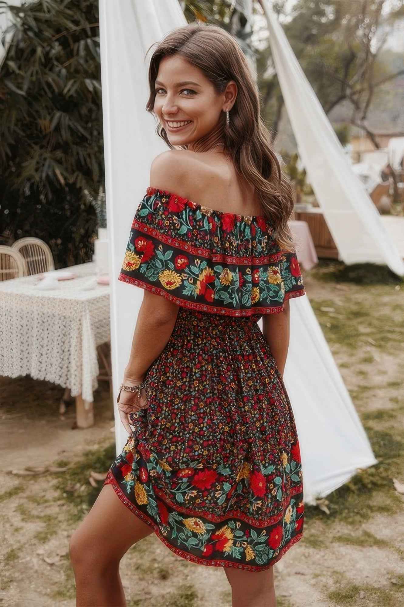 Boho Print Cut Ruffle Accented Pleated Short Dress Boho Print Cut Ruffle Accented Pleated Short Dress