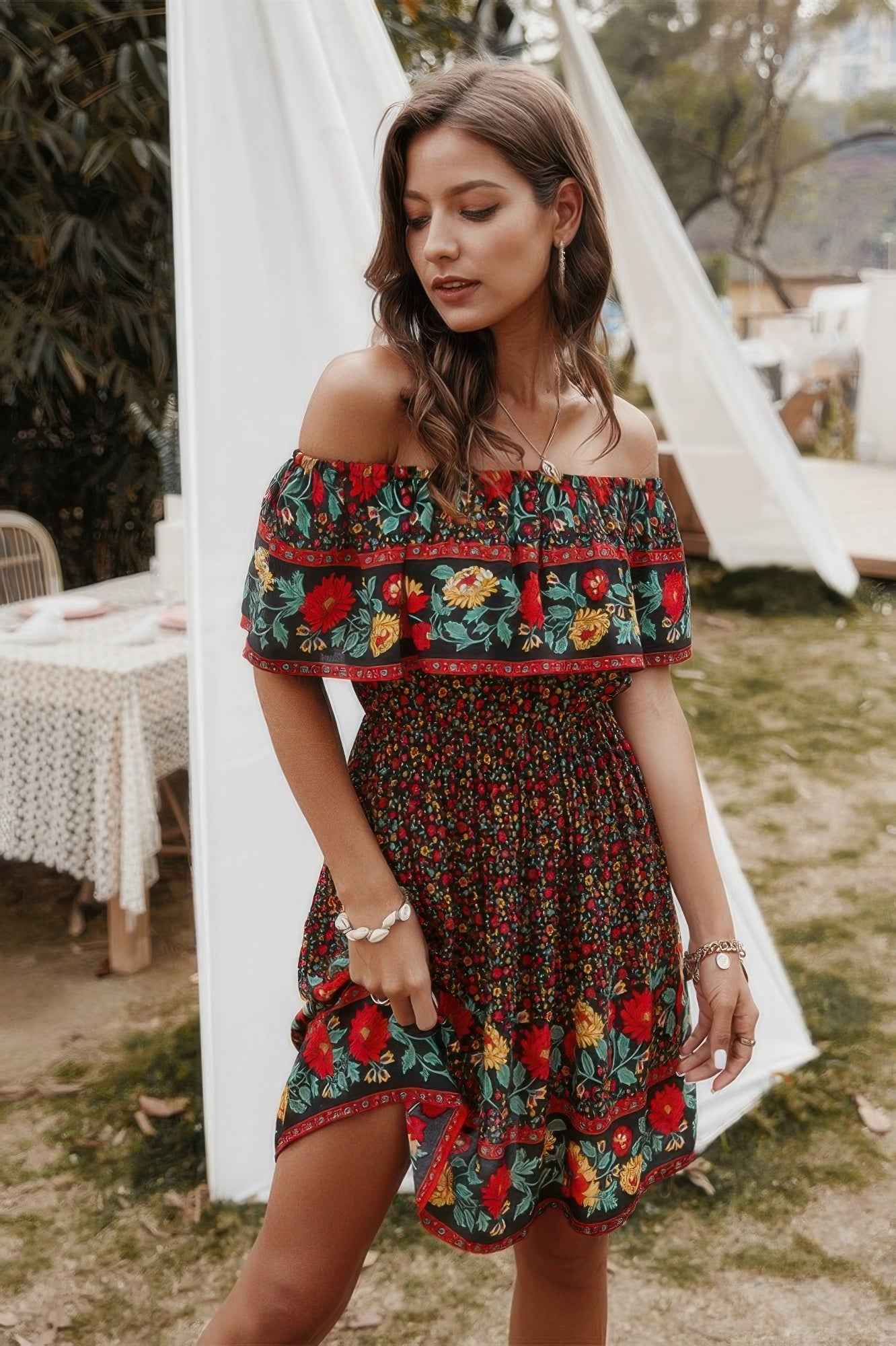 Boho Print Cut Ruffle Accented Pleated Short Dress Boho Print Cut Ruffle Accented Pleated Short Dress