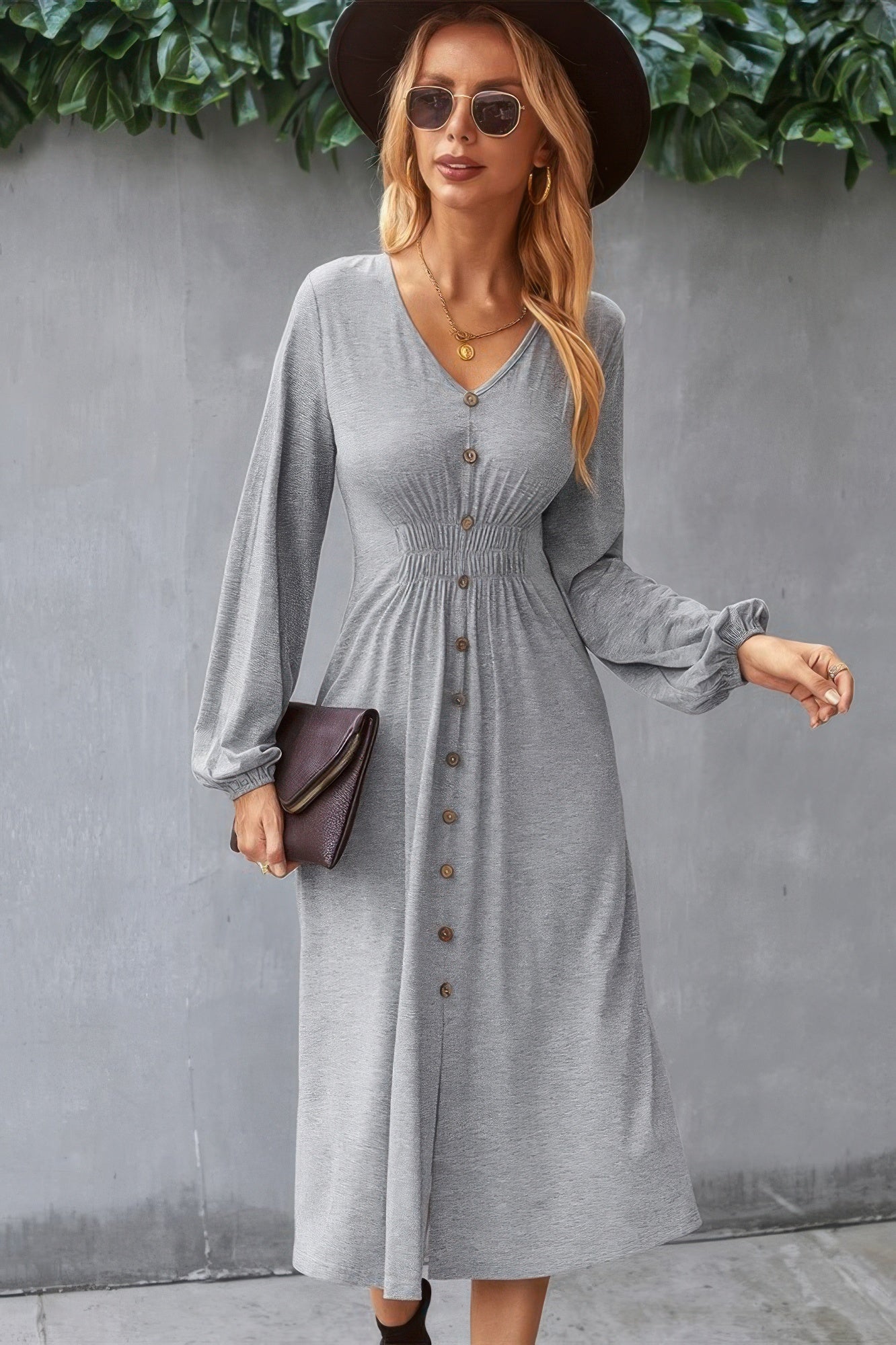 Solid V Neck Elastic Waist Button Long Sleeve Dress product image