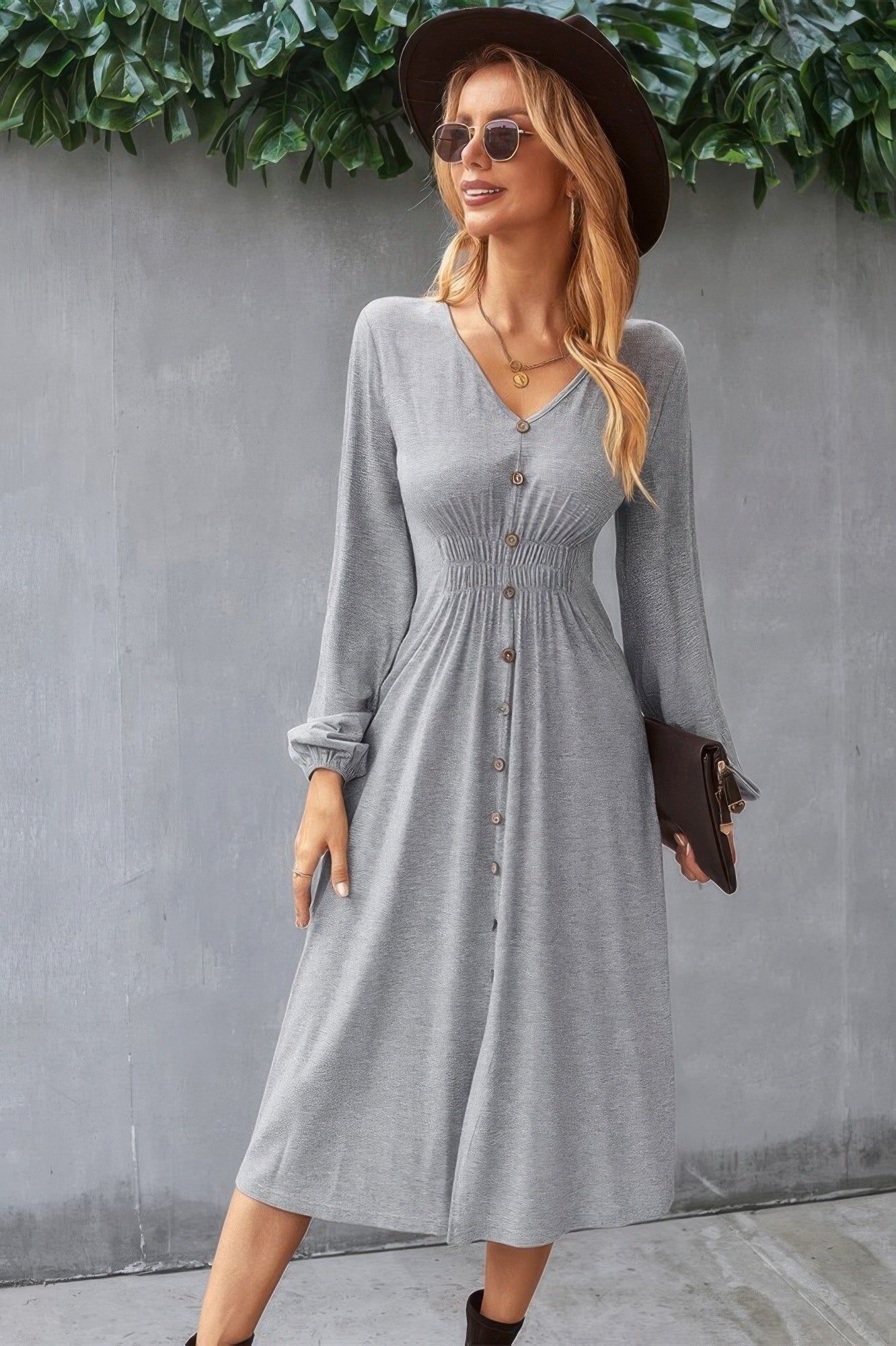 Solid V Neck Elastic Waist Button Long Sleeve Dress product image
