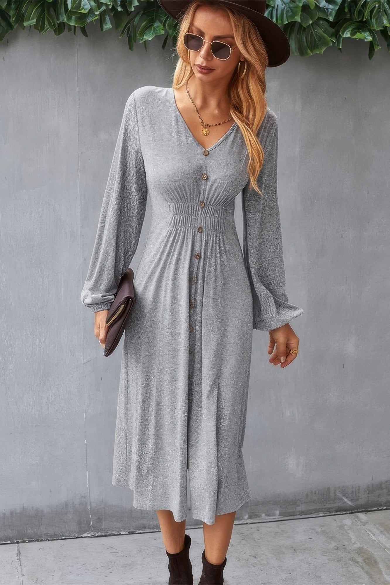 Solid V Neck Elastic Waist Button Long Sleeve Dress product image